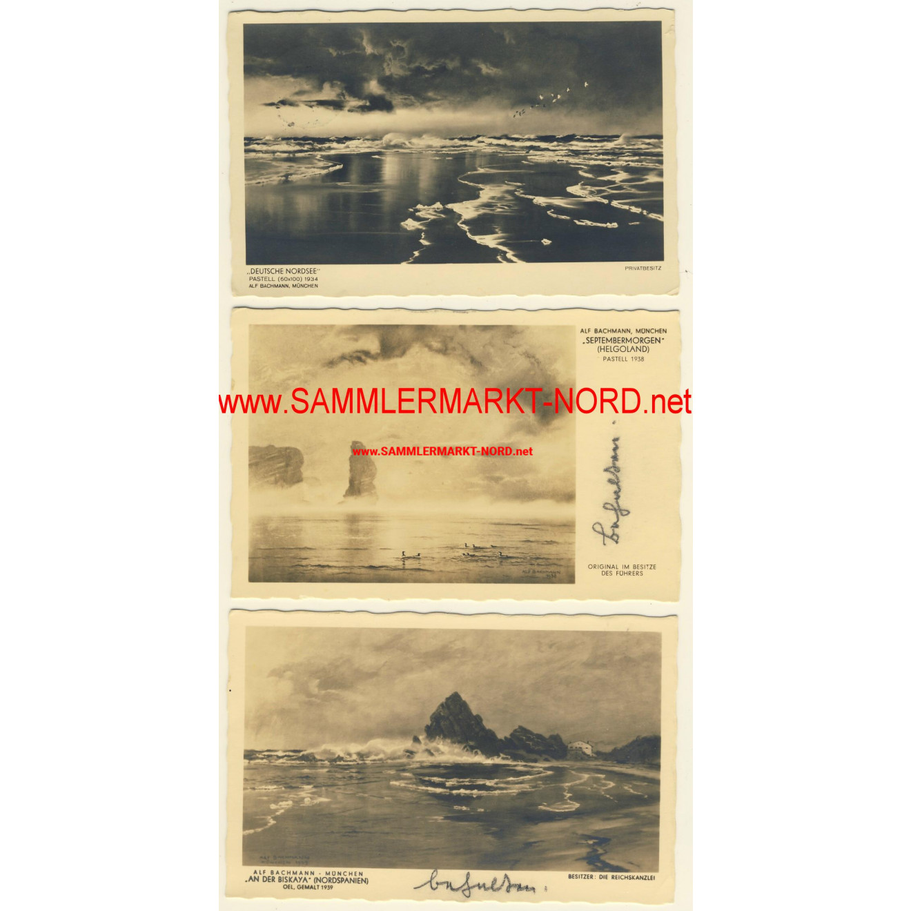 3 x Postkarte Gemälde von Alf Bachmann (Besitz von Adolf Hitler 