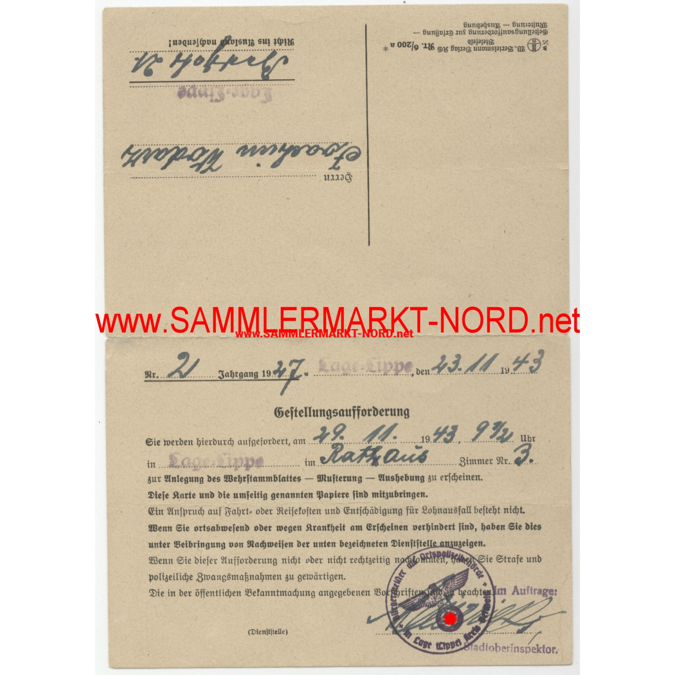 Gestellungsaufforderung Lage-Lippe 1943