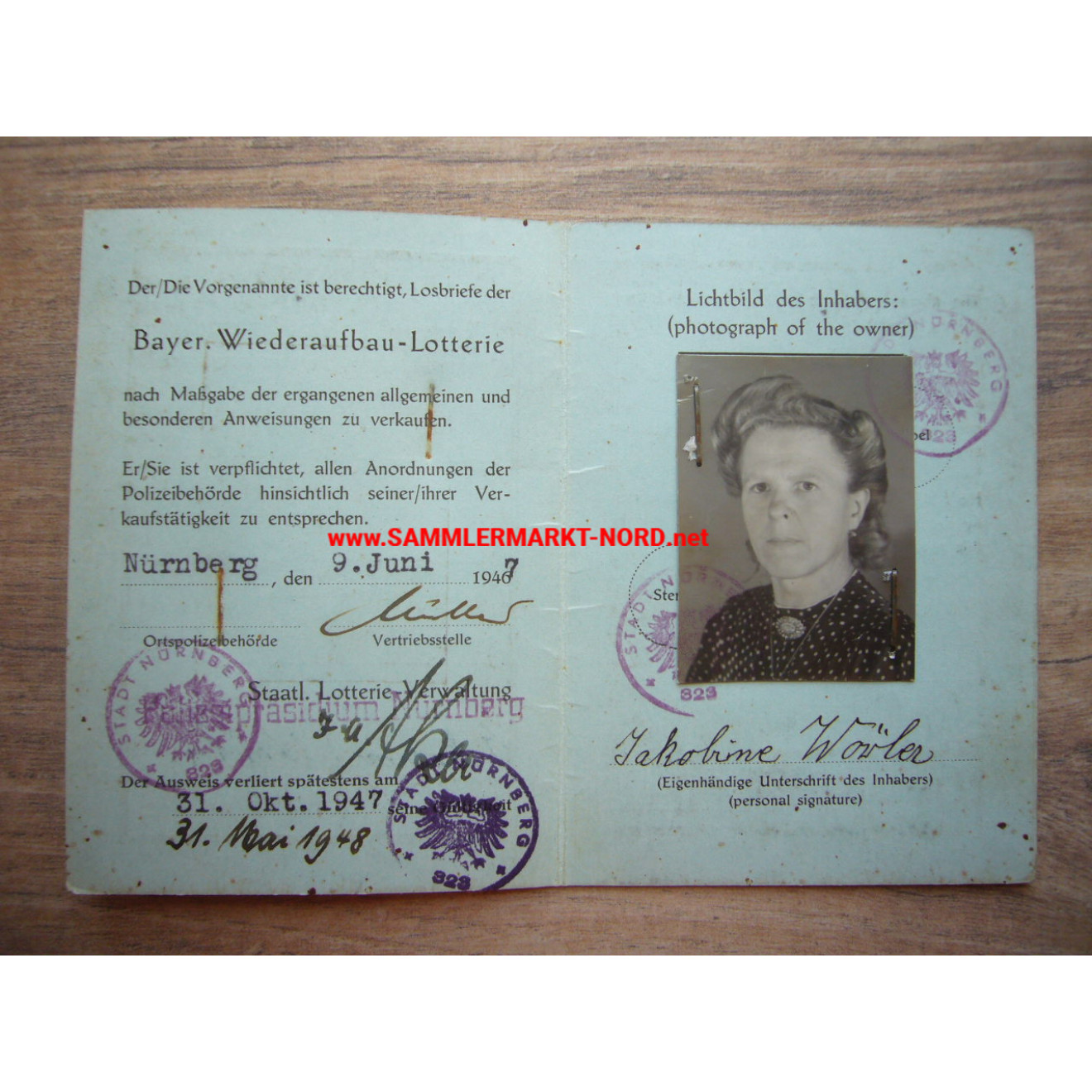 Losverkäufer-Ausweis - Bayerische Wiederaufbau-Lotterie 1947