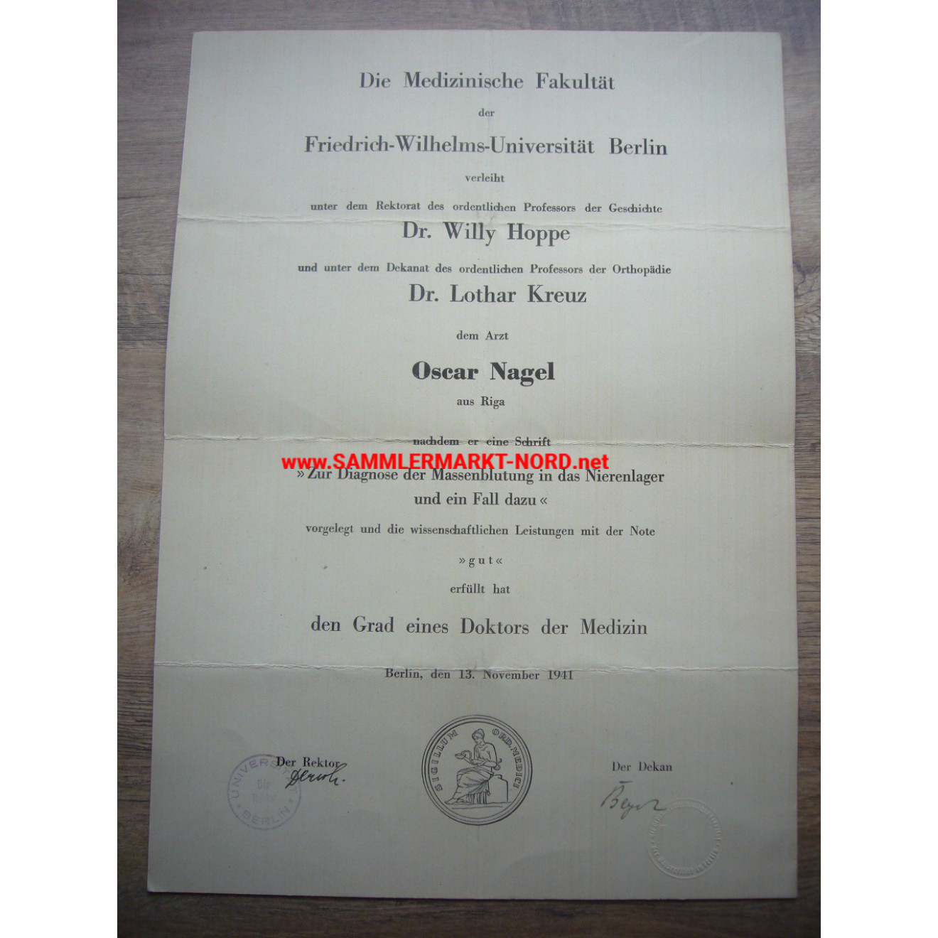 Large doctorate certificate - Doctor Oscar Nagel (Riga) - Berlin 1941