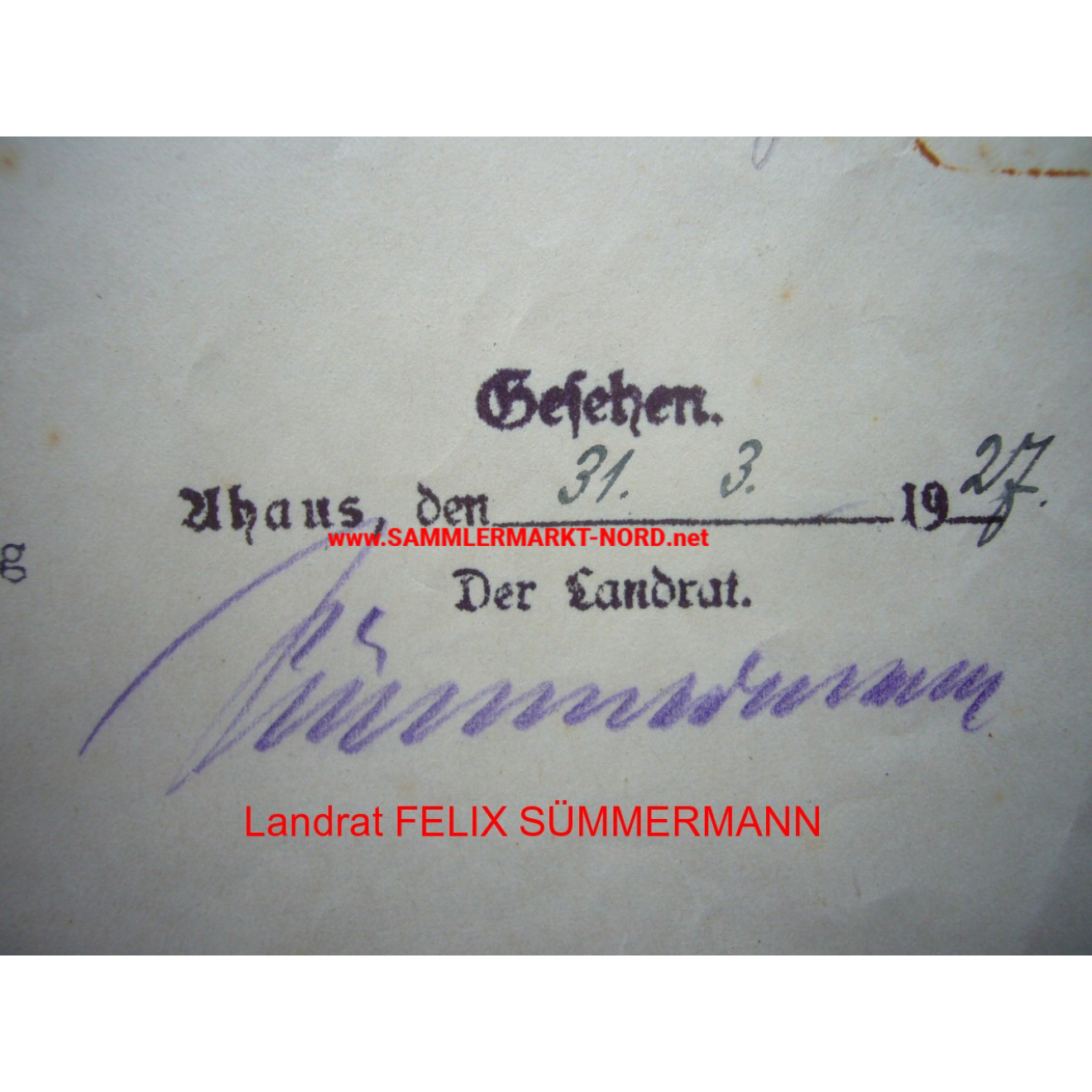 Landrat von Ahaus, FELIX SÜMMERMANN (Attentat 20. Juli 1944) - Autograph