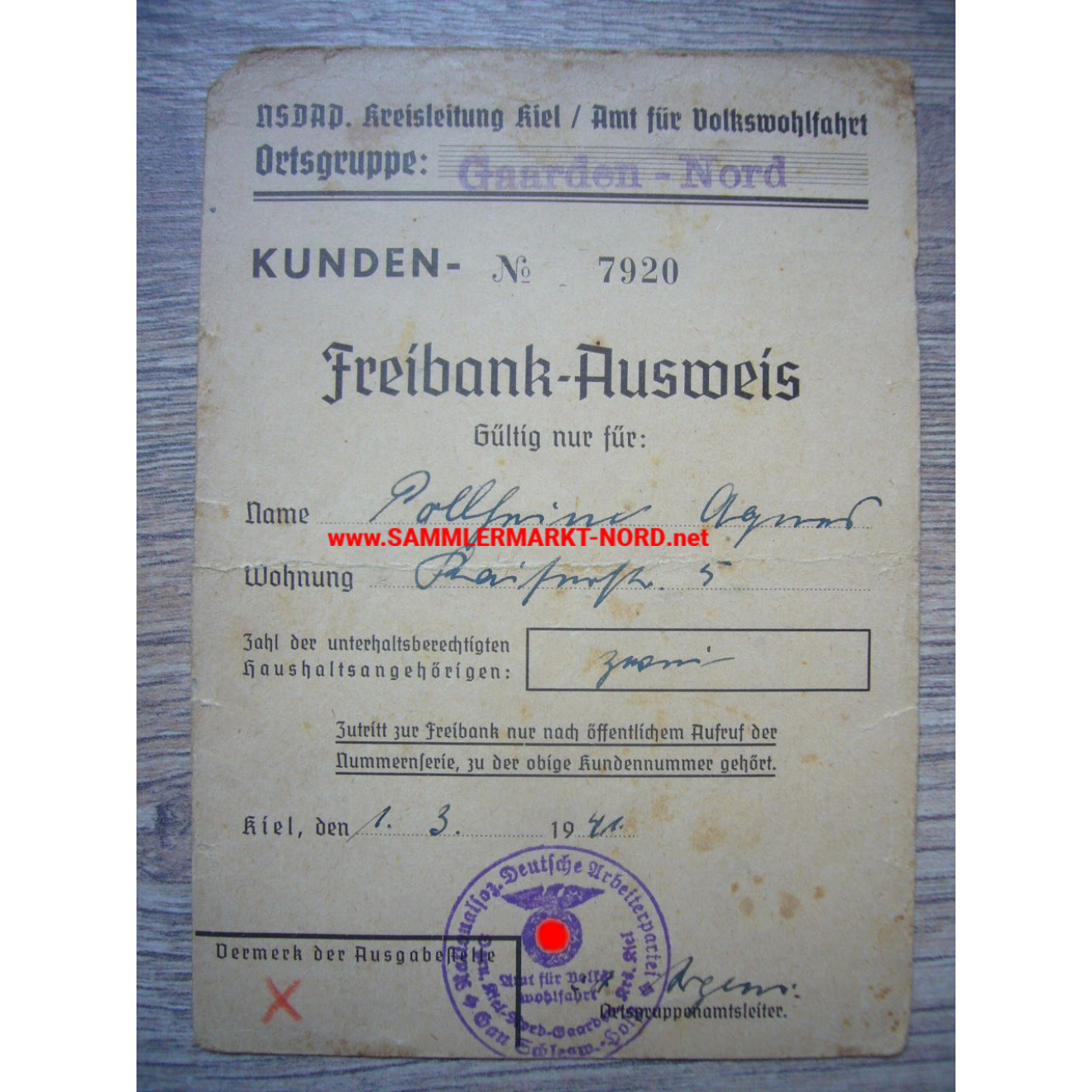 NSV / NSDAP - Kunden-Freibank-Ausweis