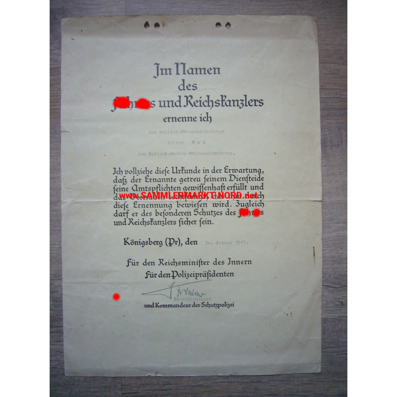 SS - Standartenführer WALTER STREHLOW - Polizei-Regiment Nord-Norwegen - Autograph