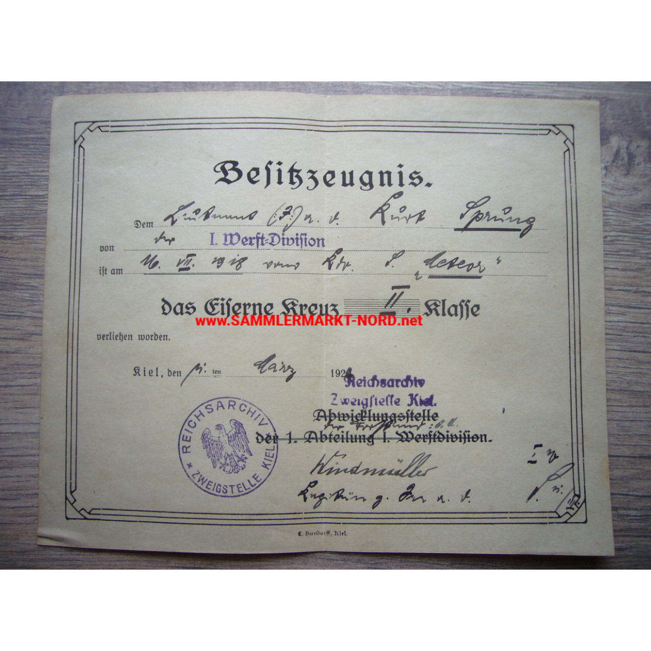 Urkunde Eisernes Kreuz - Kapitän zur See KARL WINDMÜLLER - Autograph