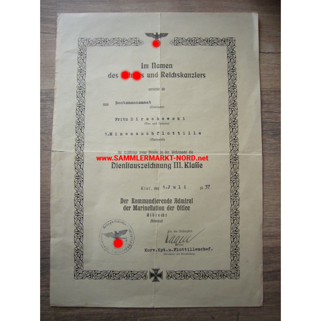 Kriegsmarine - 1. minesweeping flotilla - Long service award certificate