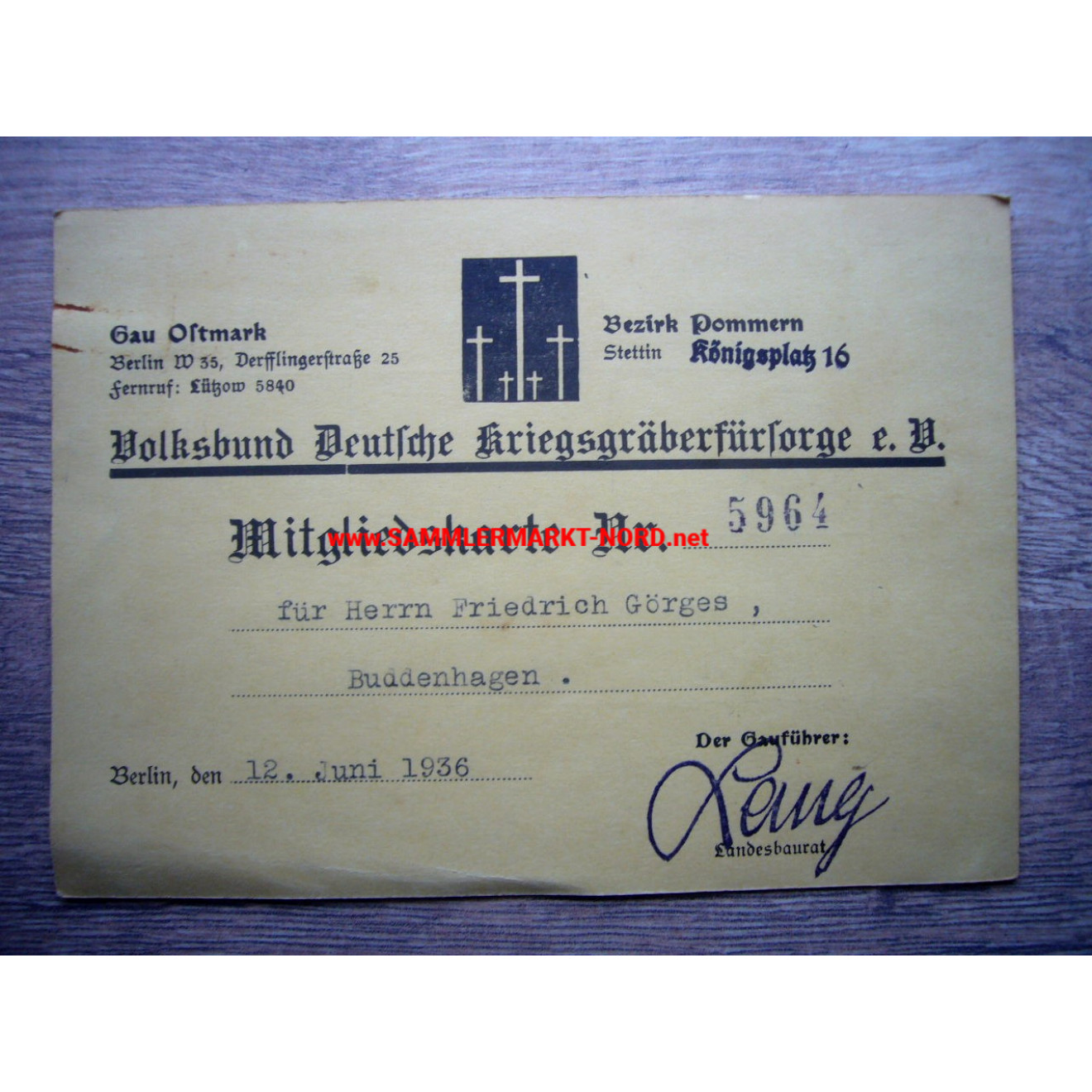 Volksbund Deutsche Kriegsgräberfürsorge - Stettin 1936 - Ausweis