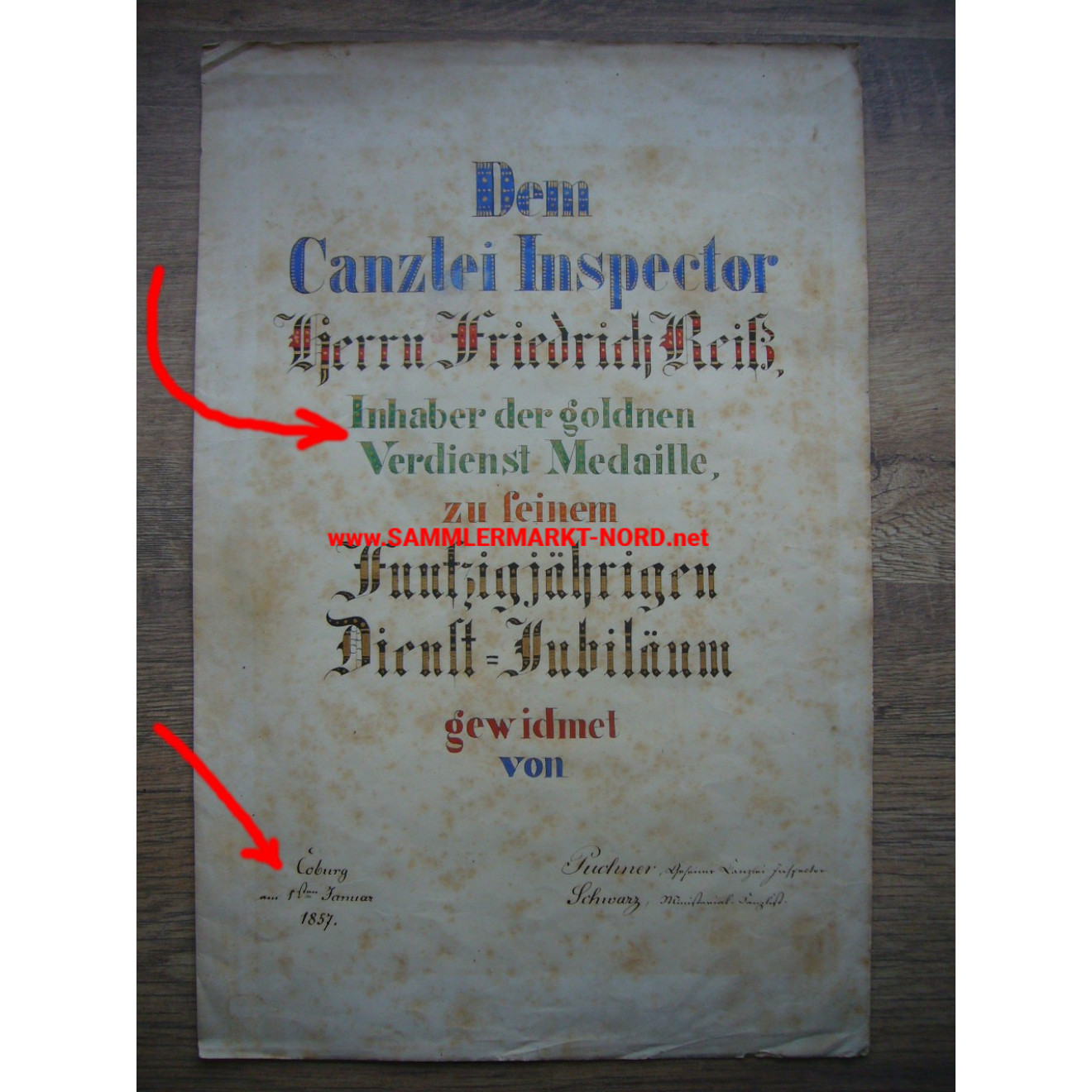 COBURG 1857 - Urkunde 50 Jahre Dienstjubiläum - Inhaber Goldene Verdienstmedaille