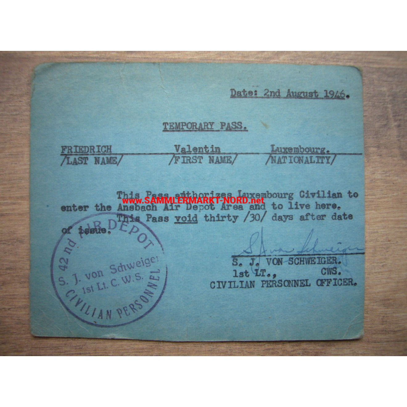 Katterbach - Air Depot ANSBACH 1946 - 42nd Air Supply Squadron - ID card