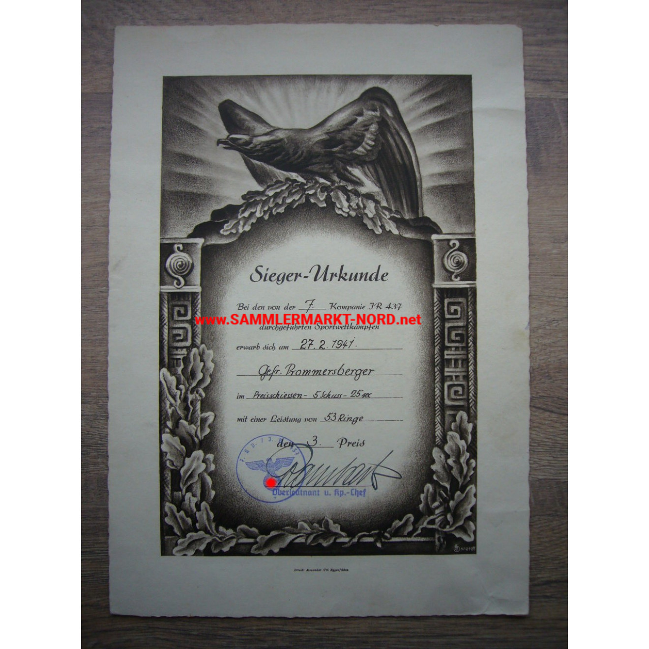 Infanterie Regiment 437 - winner certificate 1941