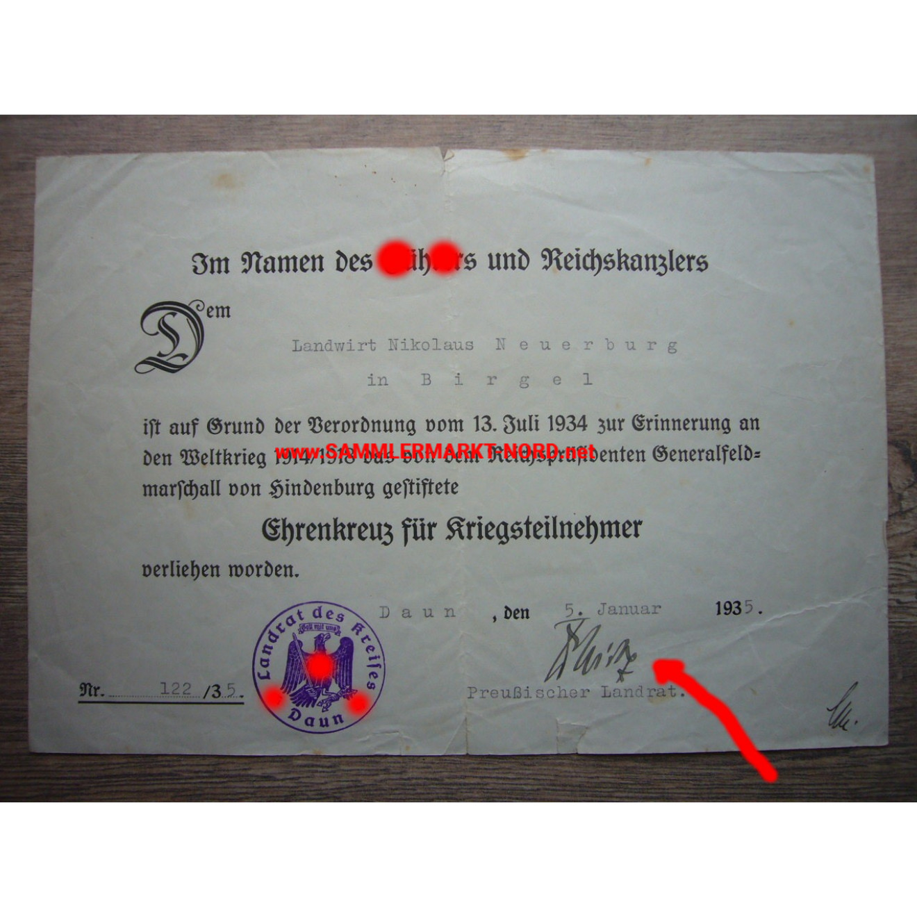 NSDAP Politiker PAUL WIRTZ - Landrat im Kreis Daun - Autograph