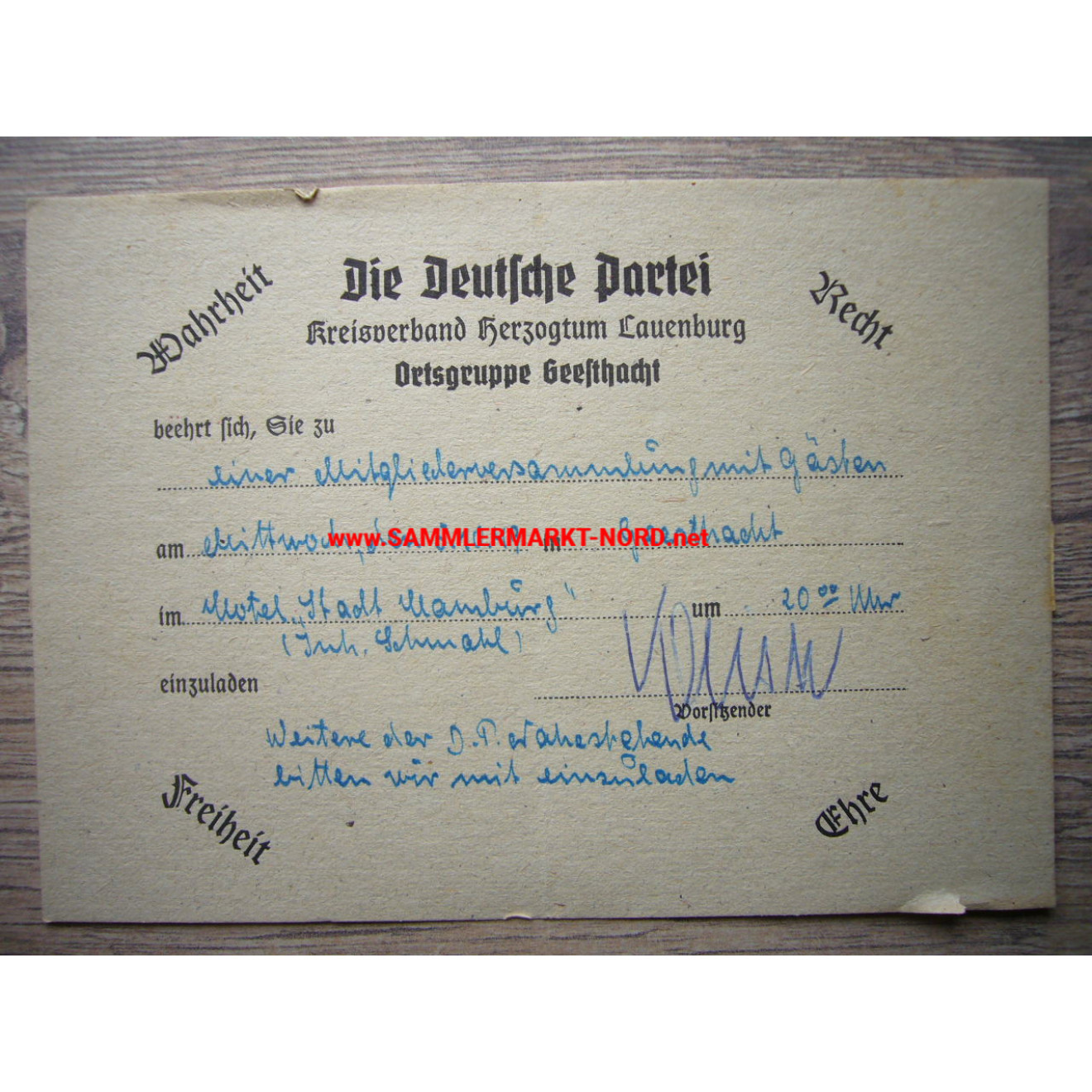 DP Die Deutsche Partei - Einladung der Ortsgruppe Geesthacht 1949