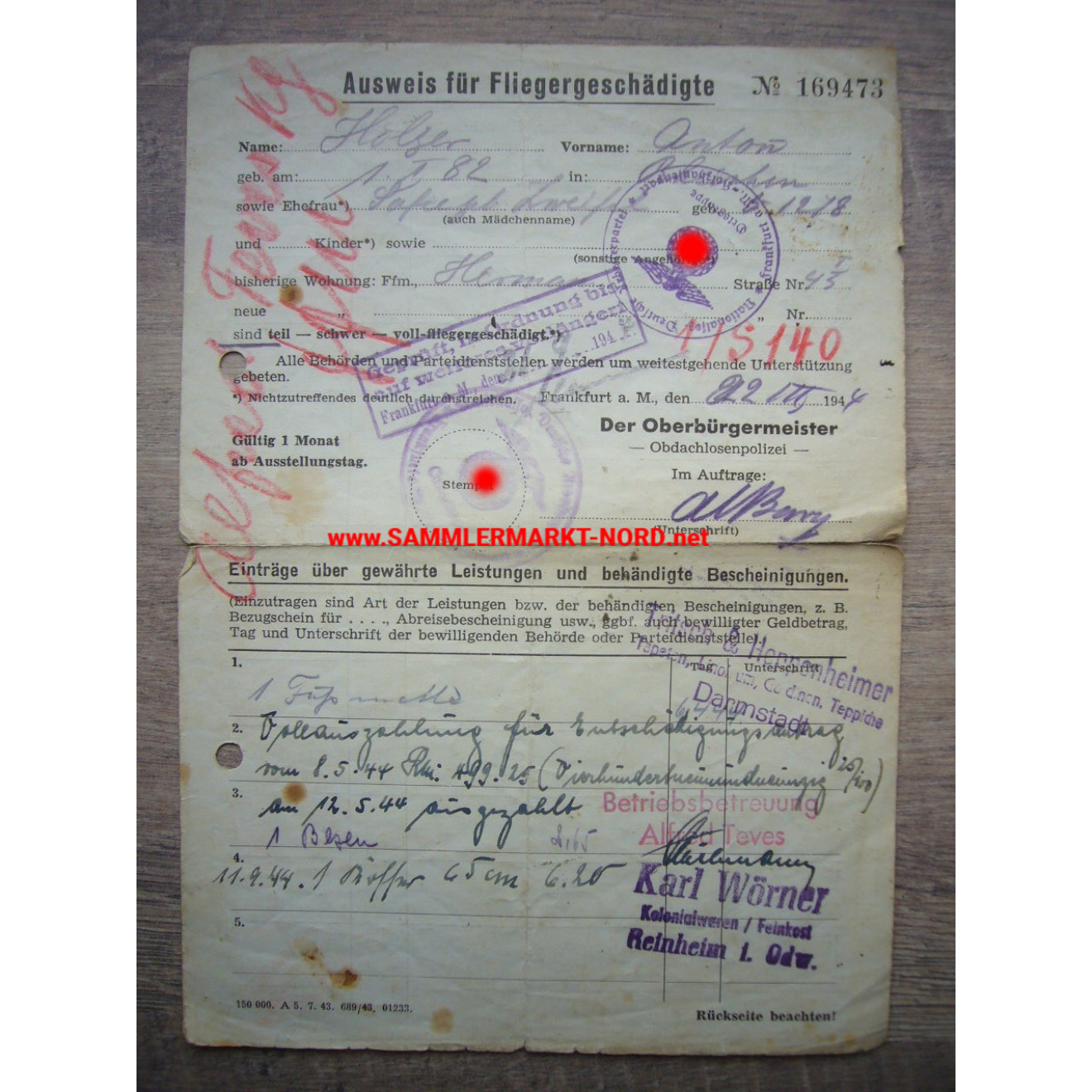 Ausweis für Fliegergeschädigte - Frankfurt am Main 1944