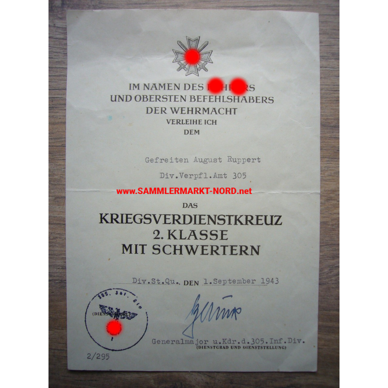 KVK certificate - 305. Infantry Div. - Major General FRIEDRICH W. HAUCK - Autograph