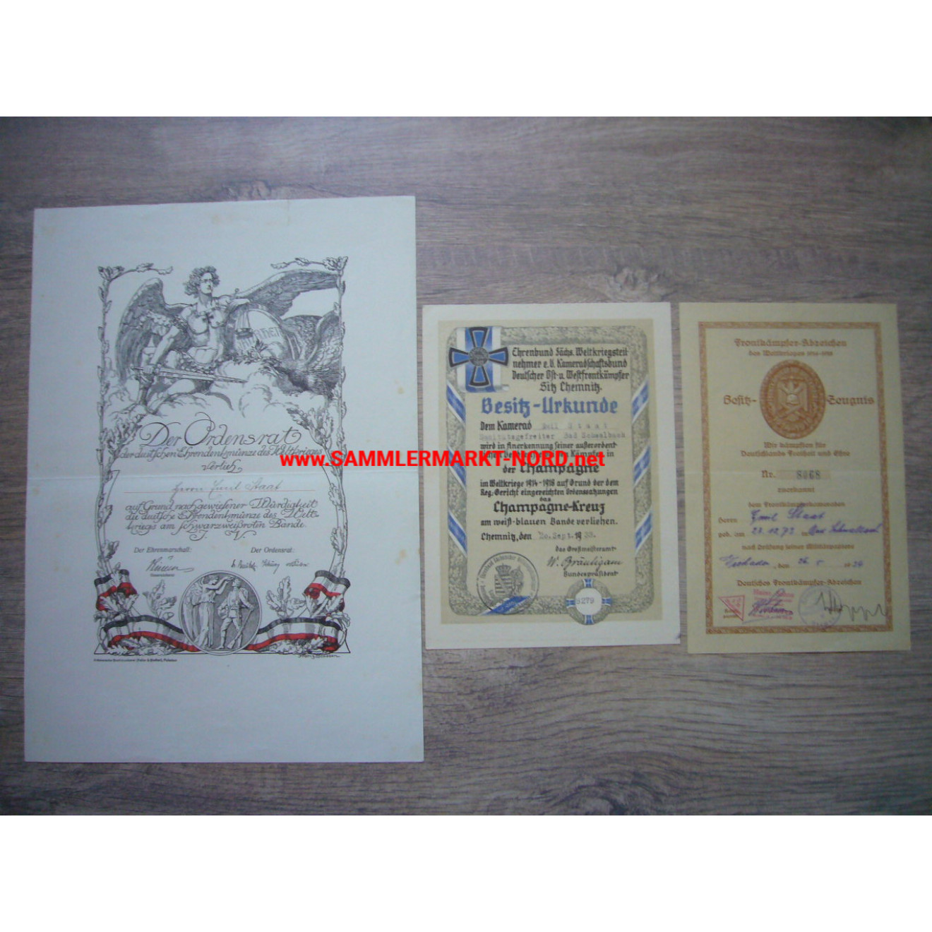 Certificate group - Front Fighter Badge, Champagne Cross & Commemorative Medal