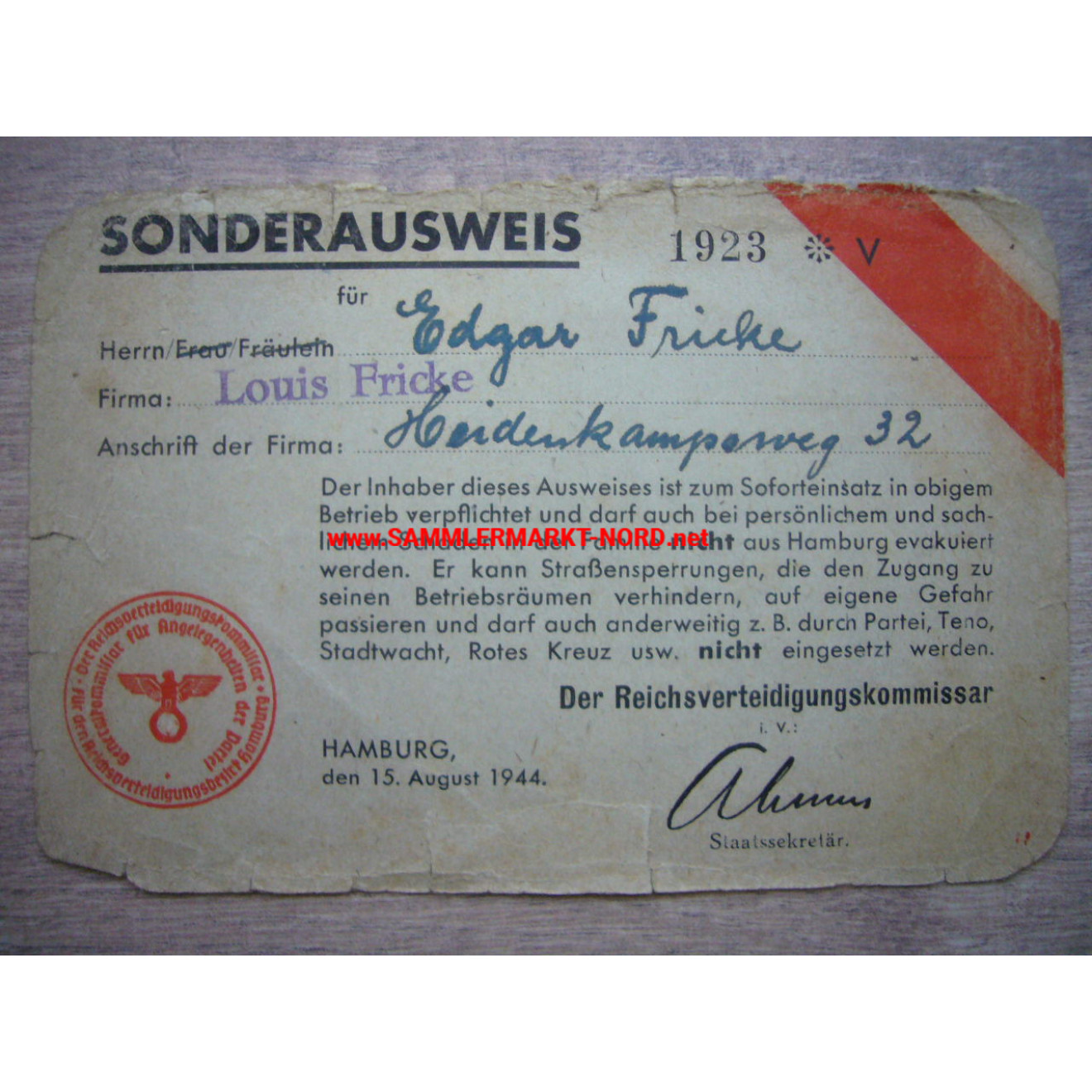 Special ID card - Reich Defense Commissioner - Hamburg 1944