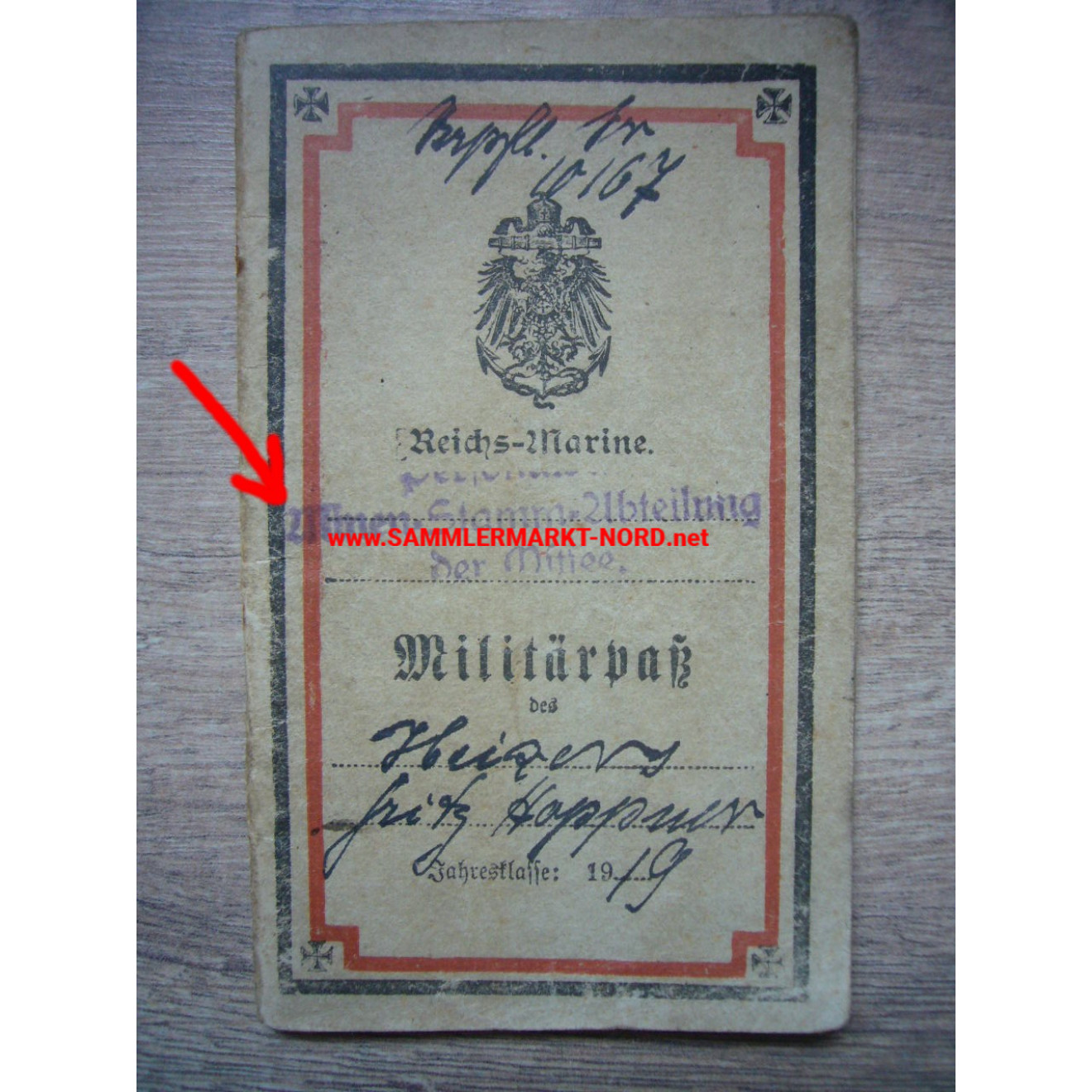 Reichsmarine military pass - Minen-Stamm-Abteilung of the Baltic Sea