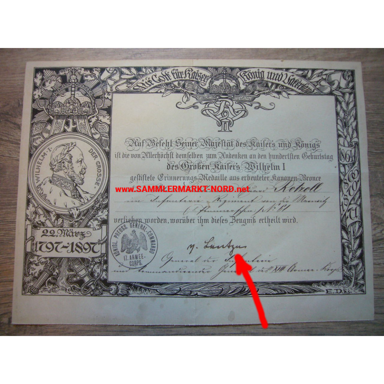 Certificate Centenar Medal - General AUGUST VON LENTZE (17. Army Corps) - Autograph