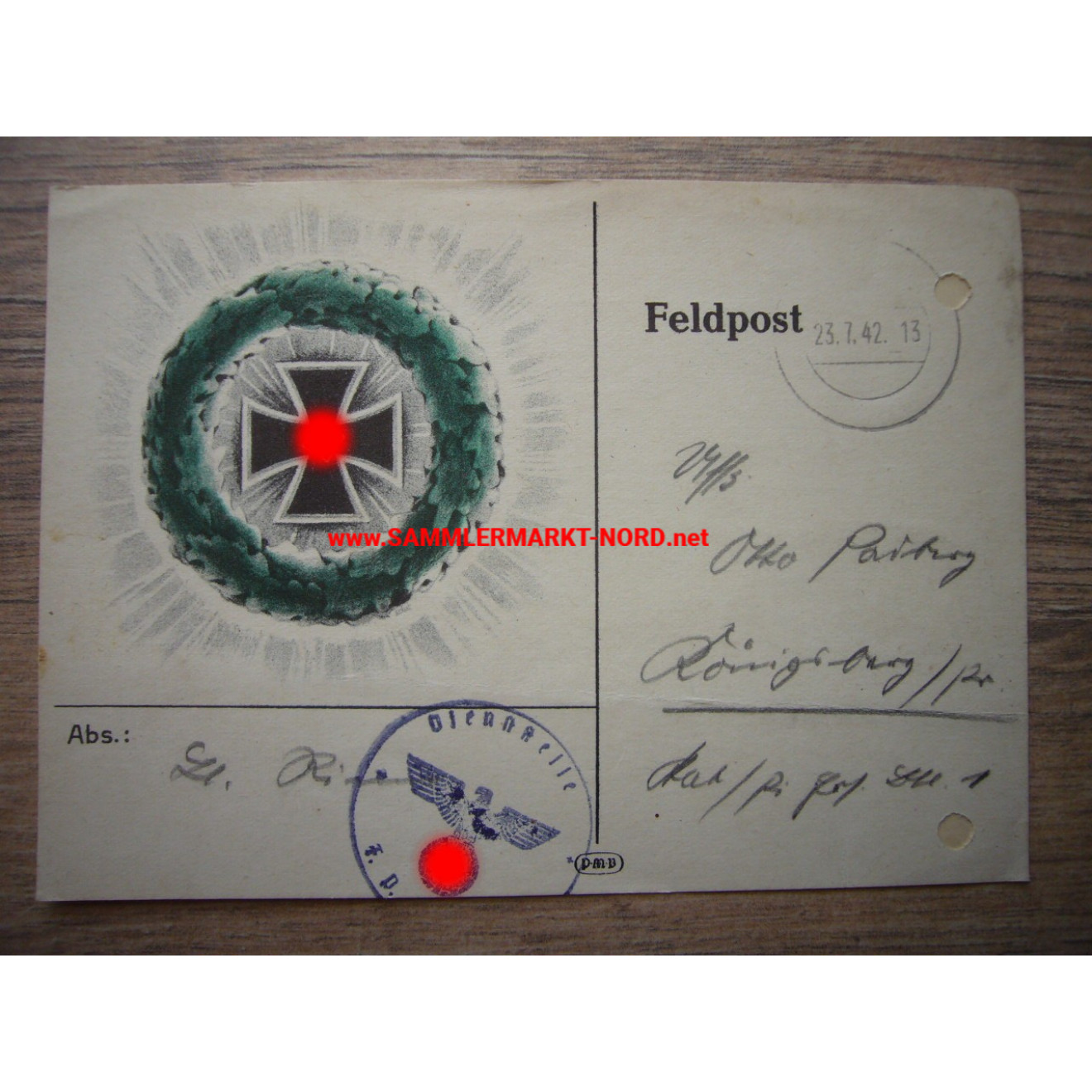 Field postcard 1942 - swastika & oak leaves
