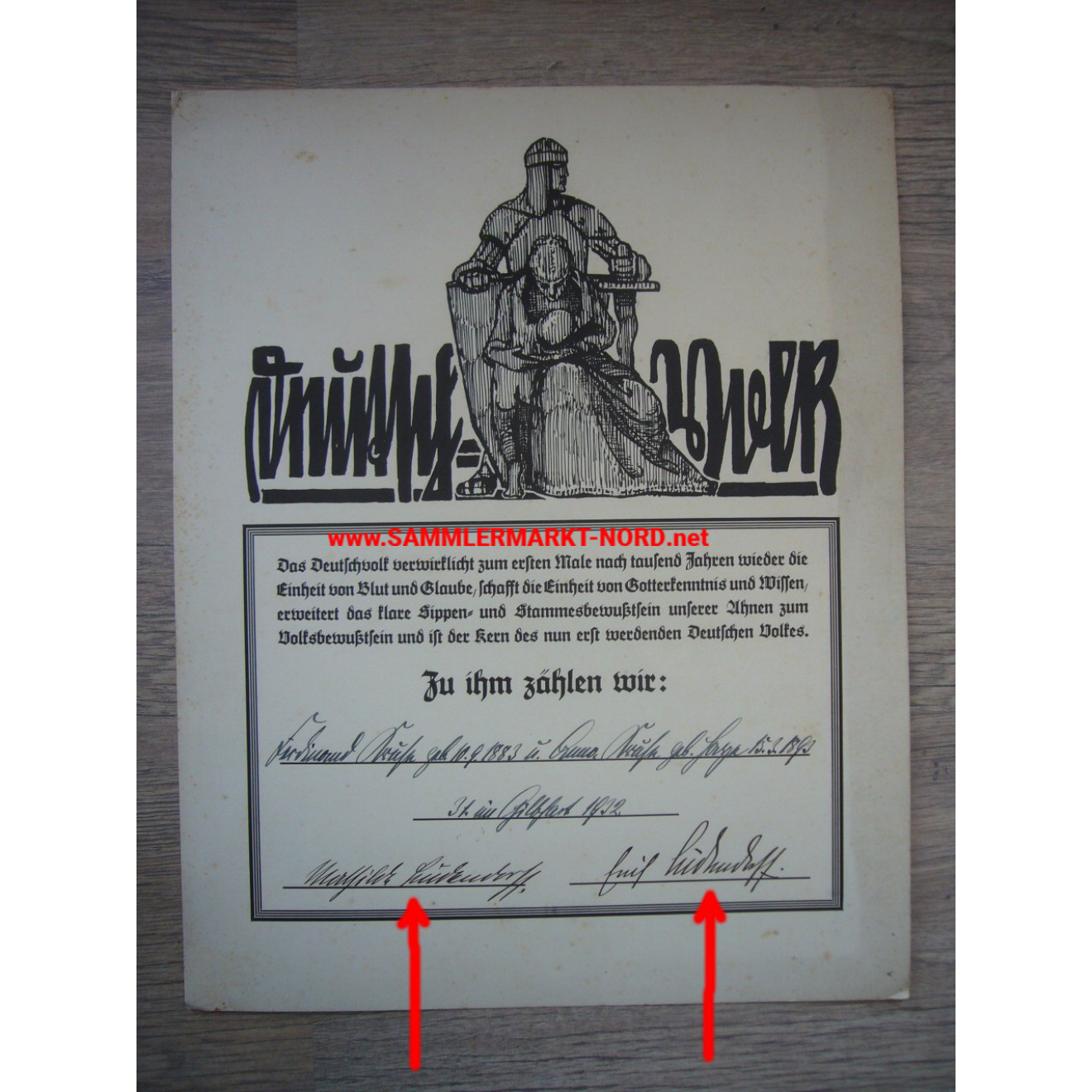 Large Deutschvolk certificate - ERICH & MATHILDE LUDENDORFF autographs