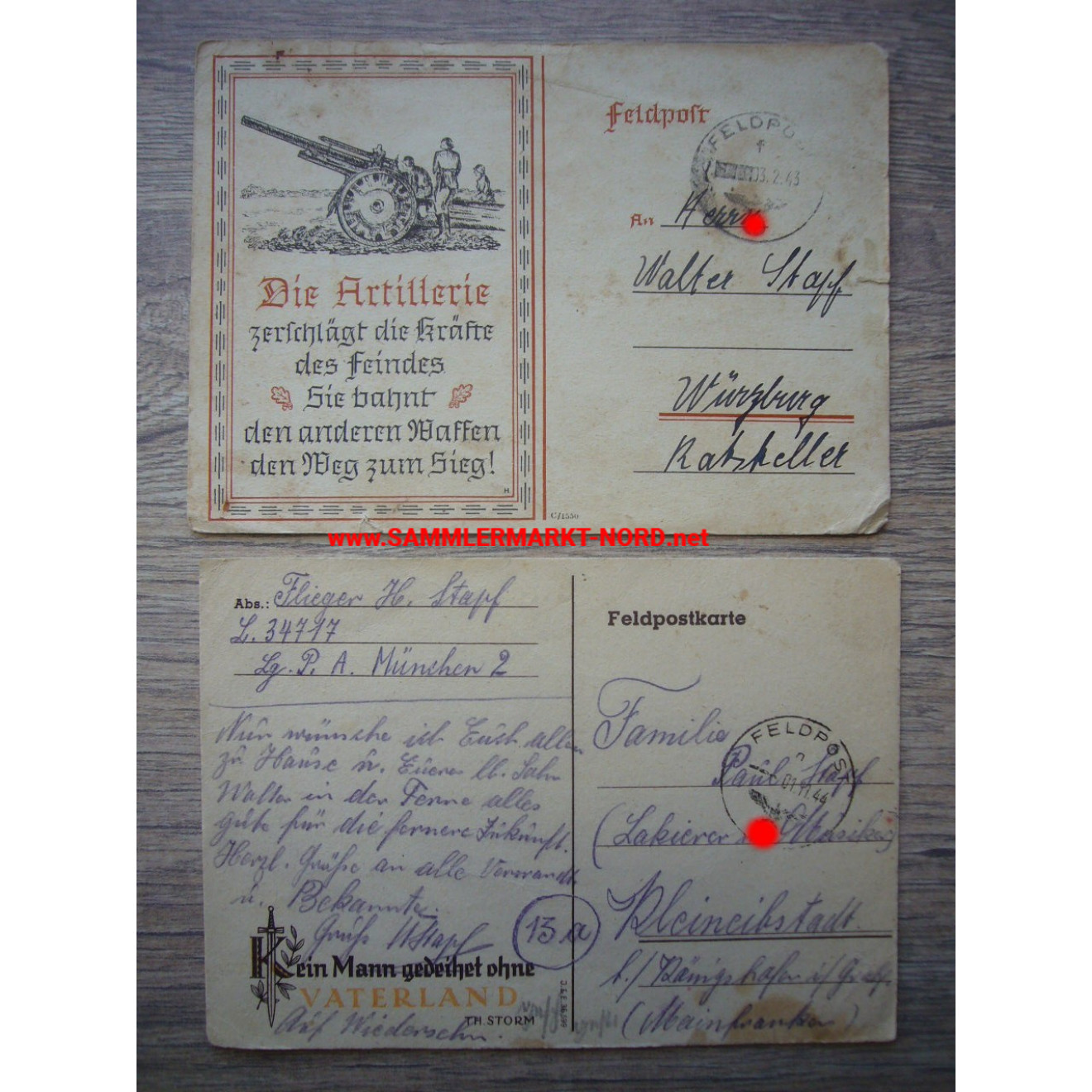 2 x Feldpostkarte - Die Artillerie & Propagandaspruch