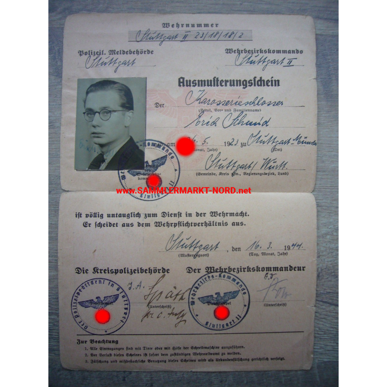 Wehrmacht Ausmusterungsschein - Ausweis