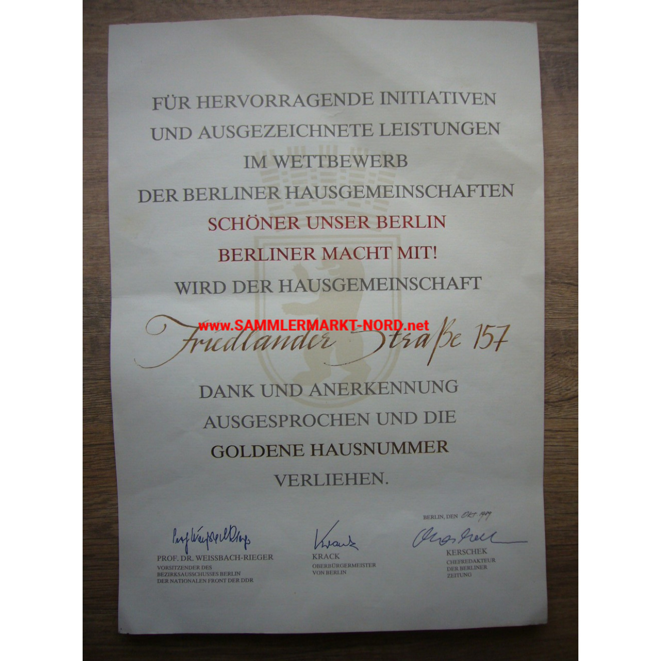 DDR - Berlin 1989 - Verleihungsurkunde für die Goldene Hausnummer