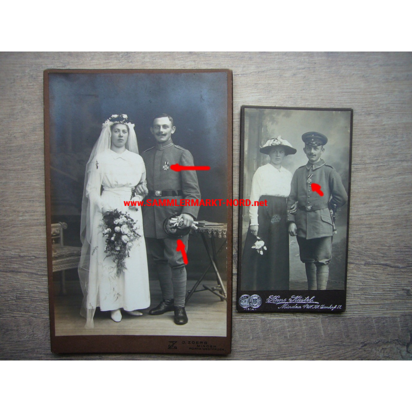 2 x Kabinettfoto - feldgrauer Soldat mit Eisernen Kreuz & Pickelhaube