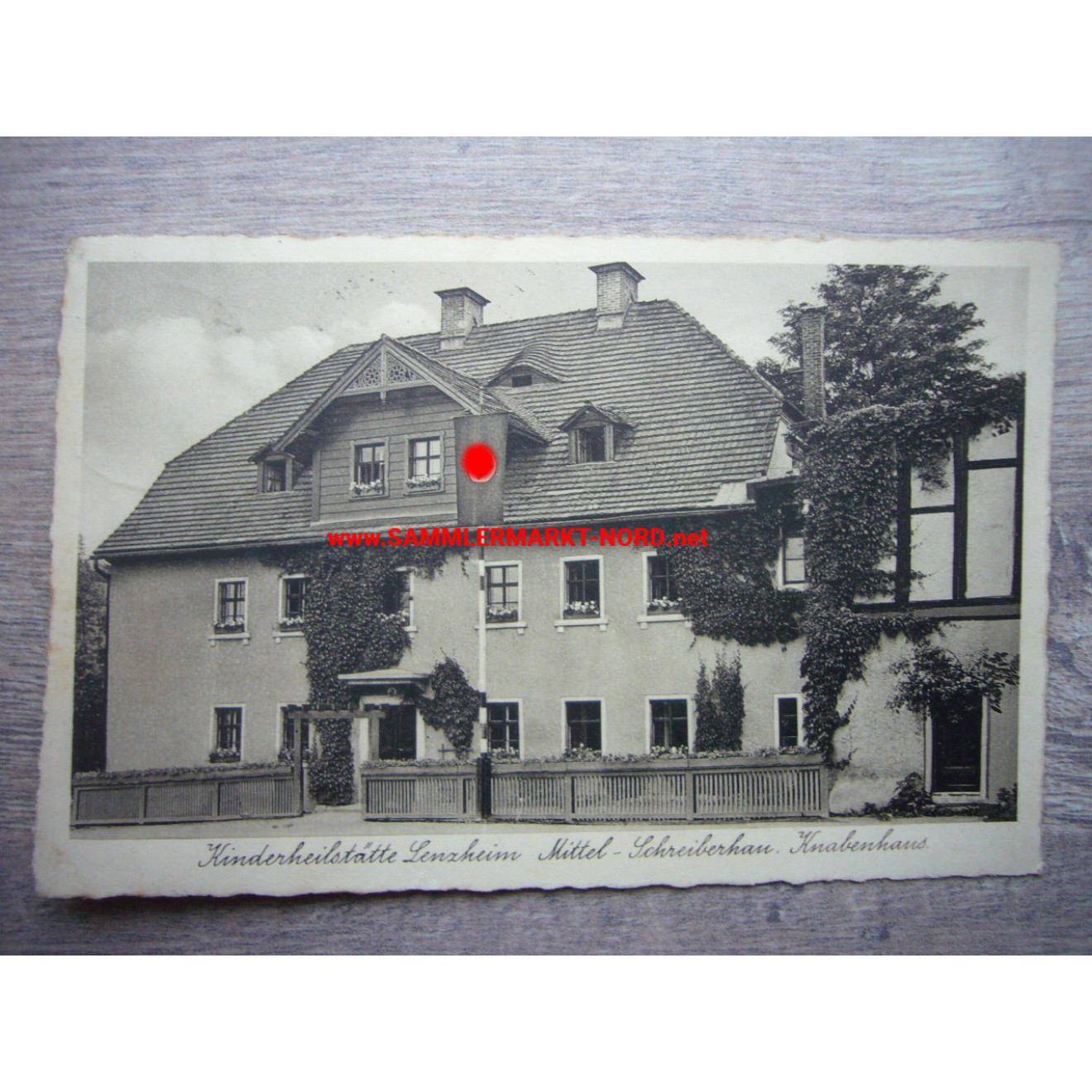 Children's sanatorium Lenzheim, central Schreiberhau with a swastika flag - postcard