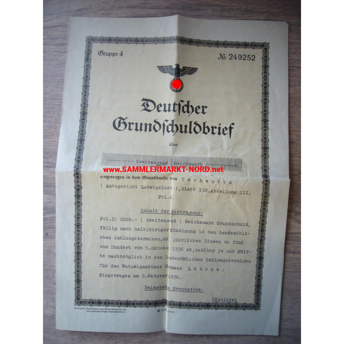 Deutscher Grundschuldbrief - Ludwigslust 1936