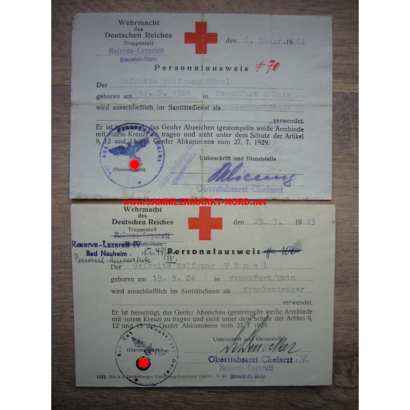 2 x Wehrmacht Sanitäter Personalausweis - Konvolut von Wolfgang Vömel