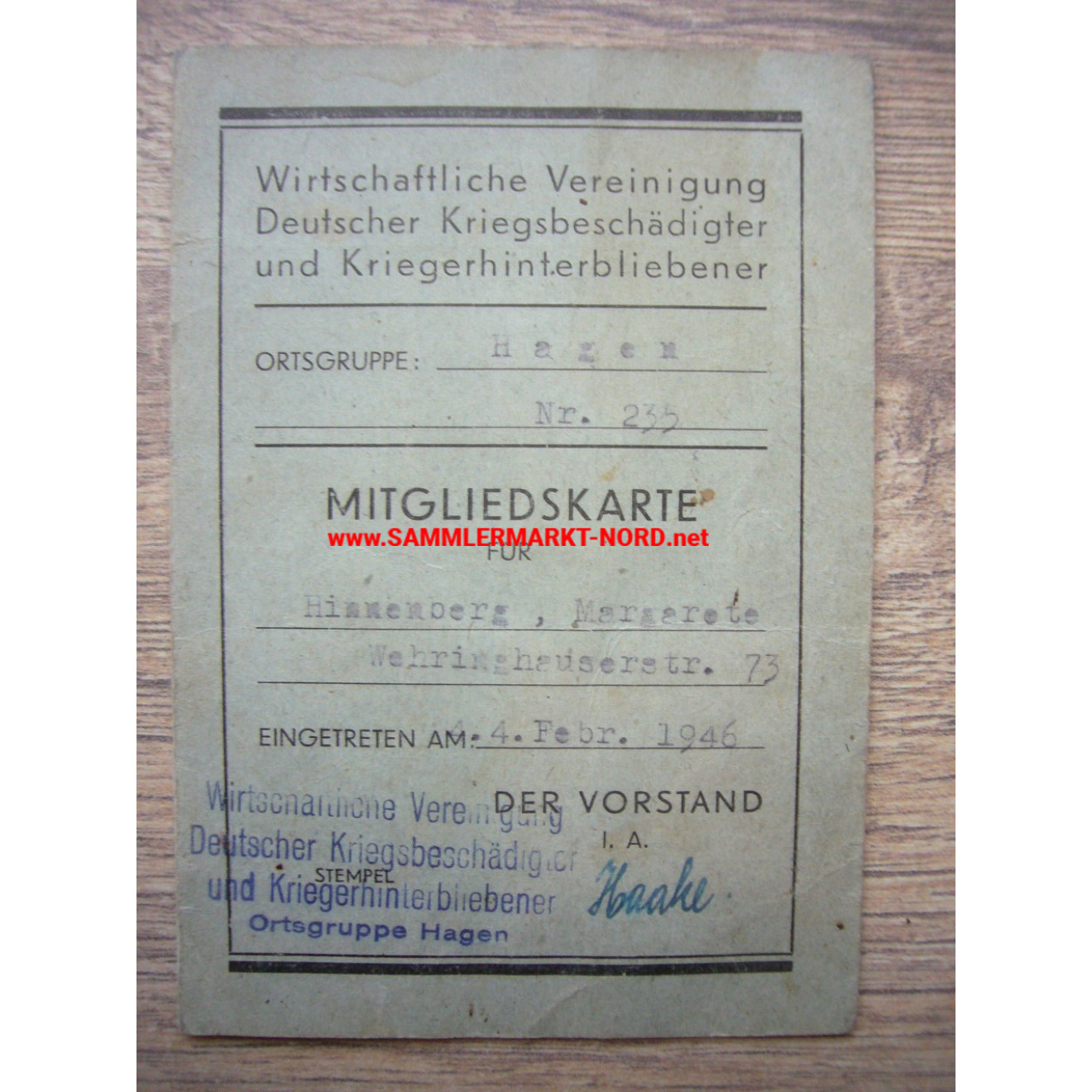 Economic association of German war invalids and war survivors - membership card