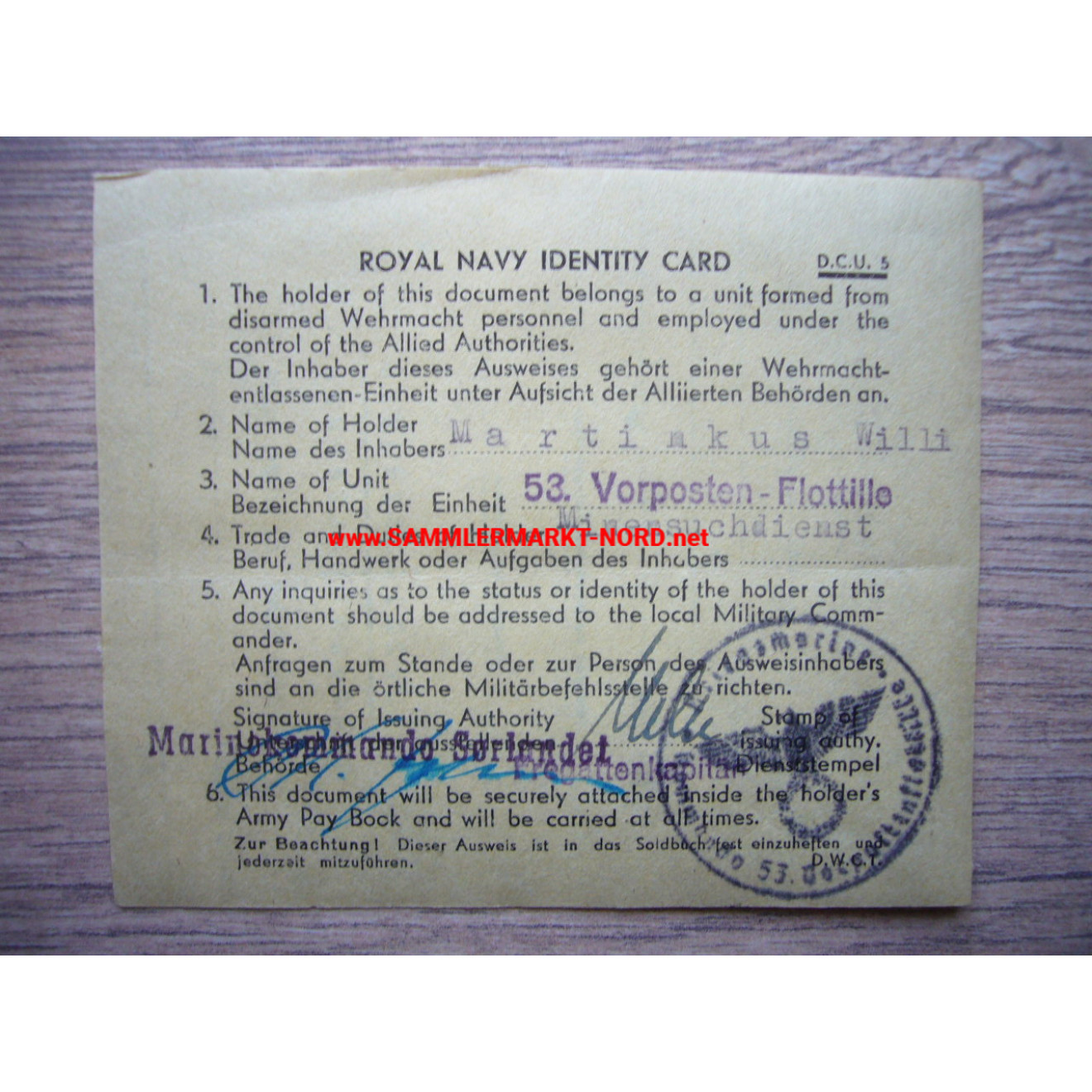 Kriegsmarine / Royal Navy - minesweeping service - ID card