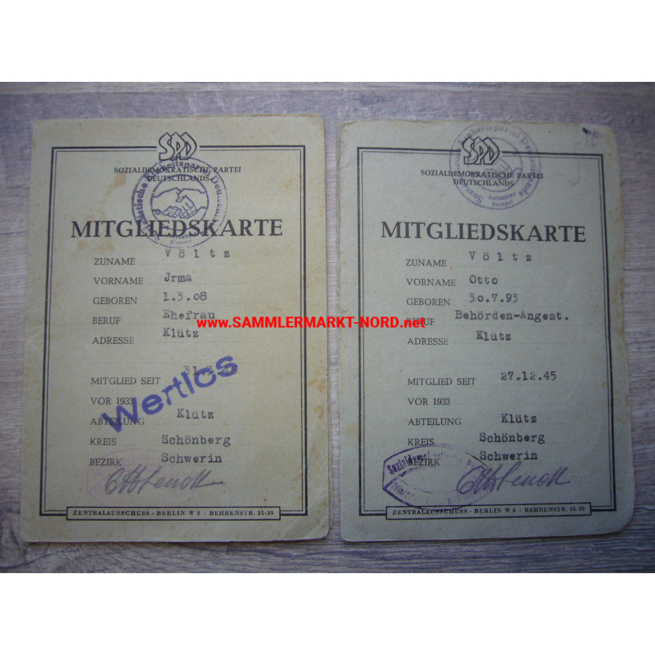 Soviet Occupation Zone - SPD Social Democratic Party of Germany - Identity Cards