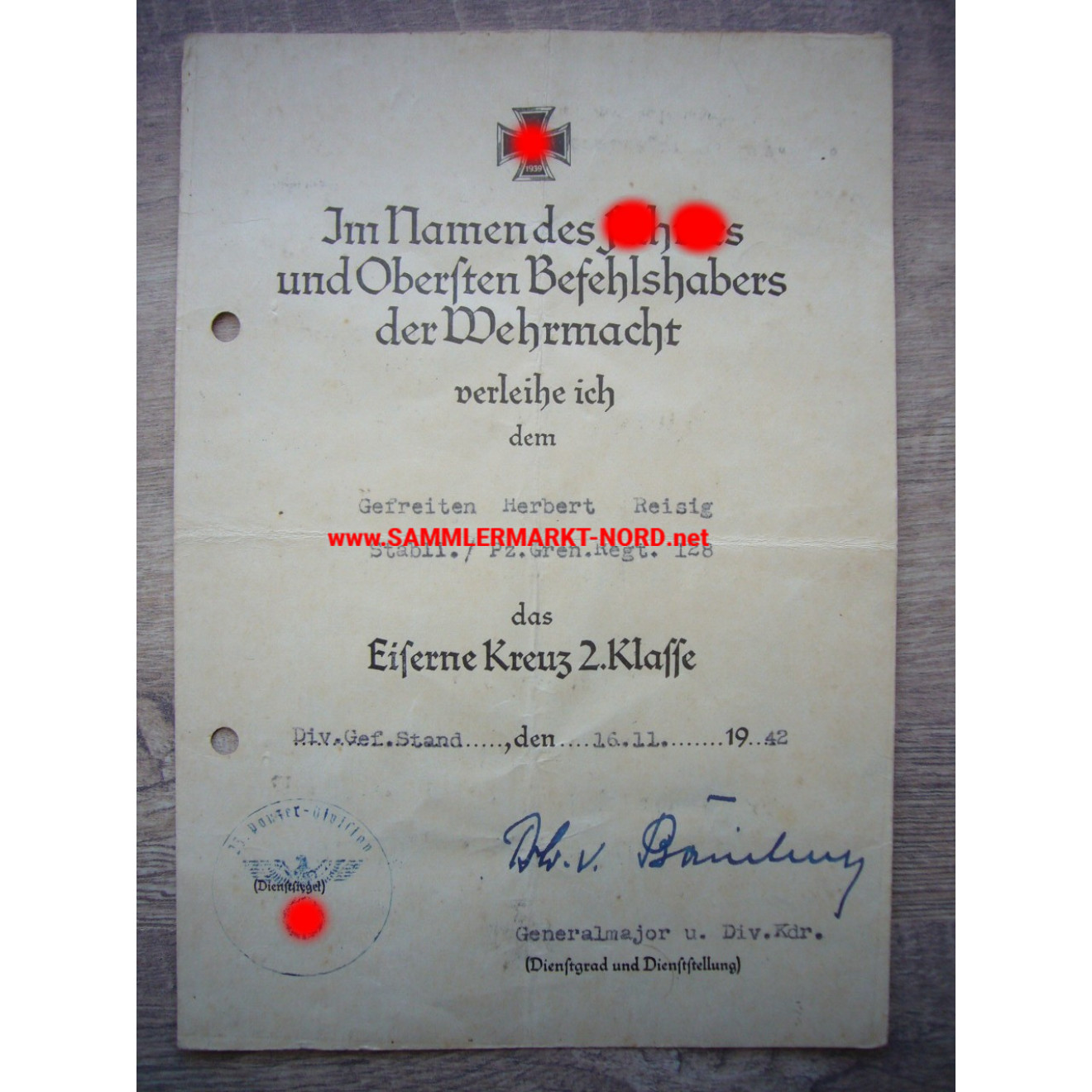 Iron Cross Certificate - 23. Tank Division - Major General HANS VON BOINEBURG-LENGSFELD Autograph