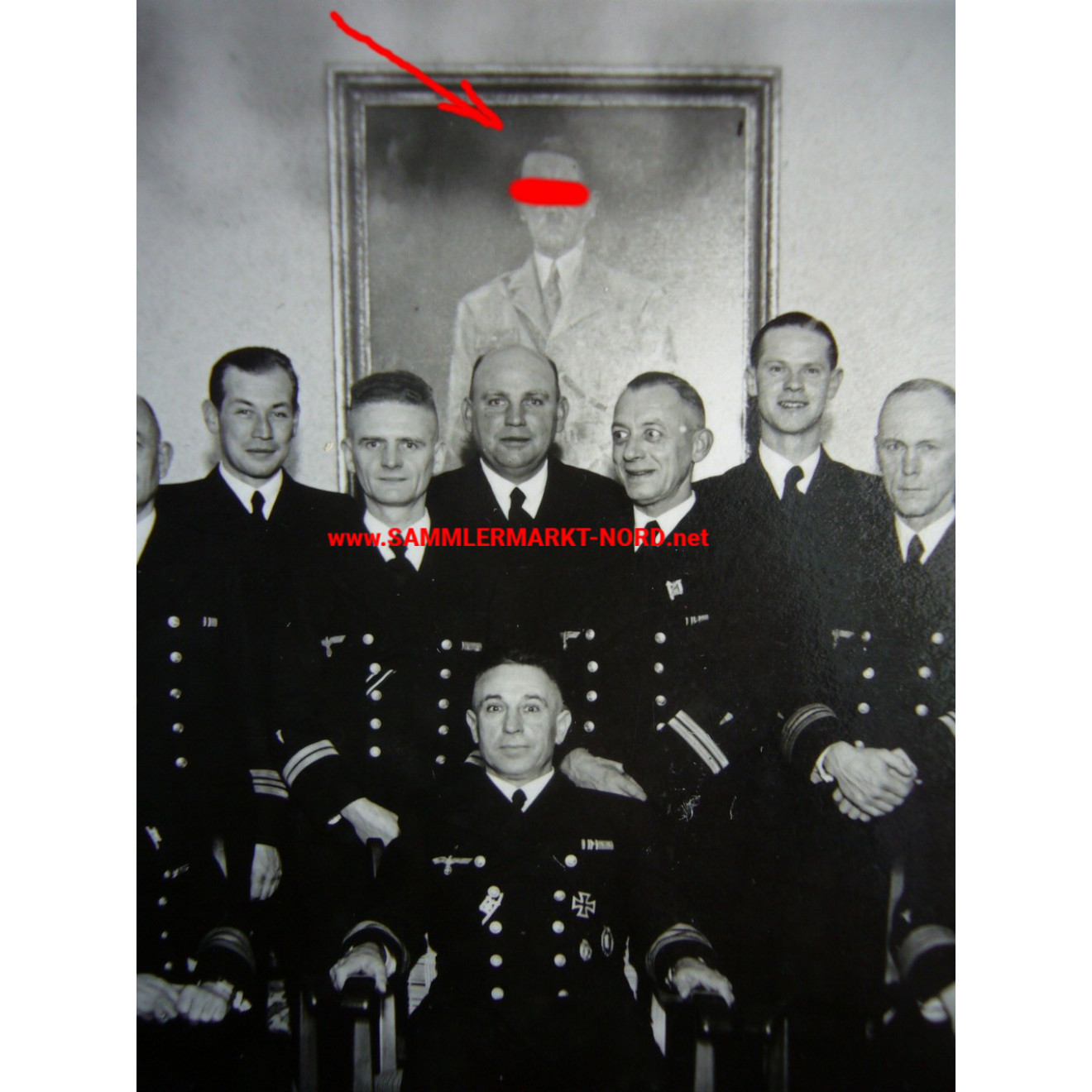Kriegsmarine - officers in front of large Adolf Hitler picture