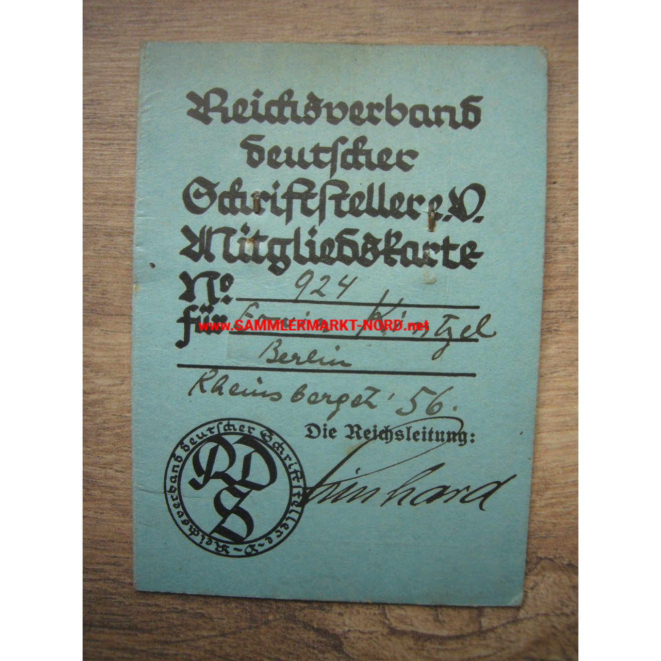Reichsbund Deutscher Schriftsteller e.V. - Mitgliedsausweis