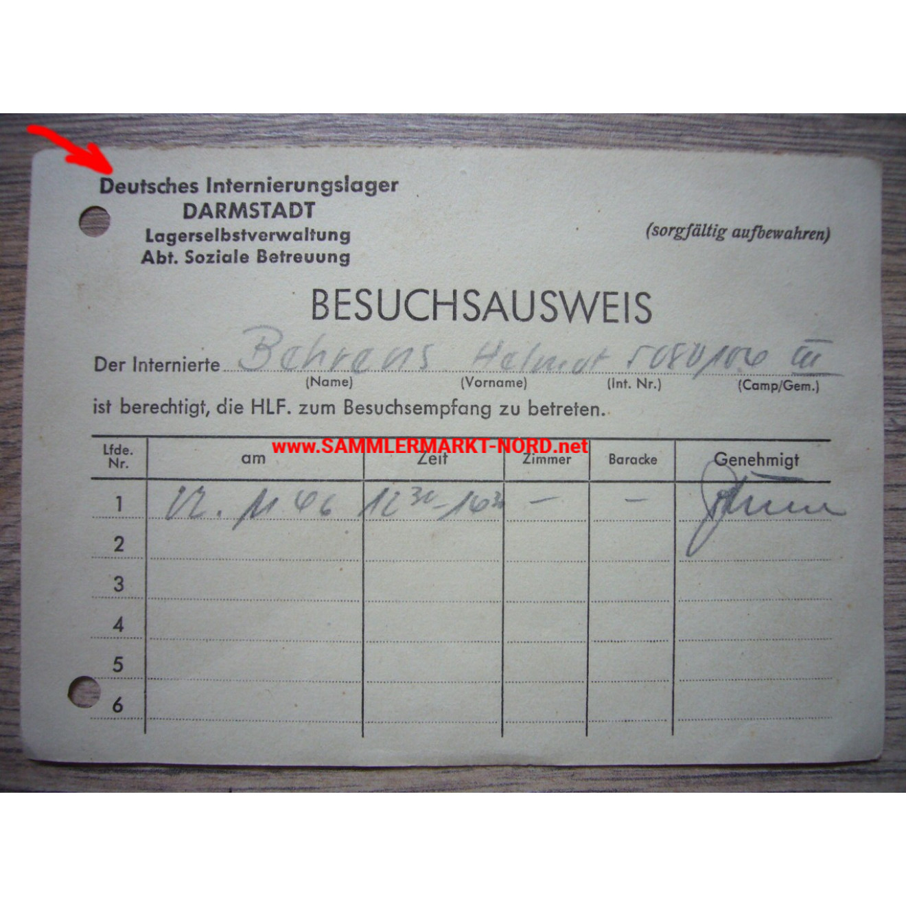 Deutsches Internierungslager Darmstadt - Besucherausweis