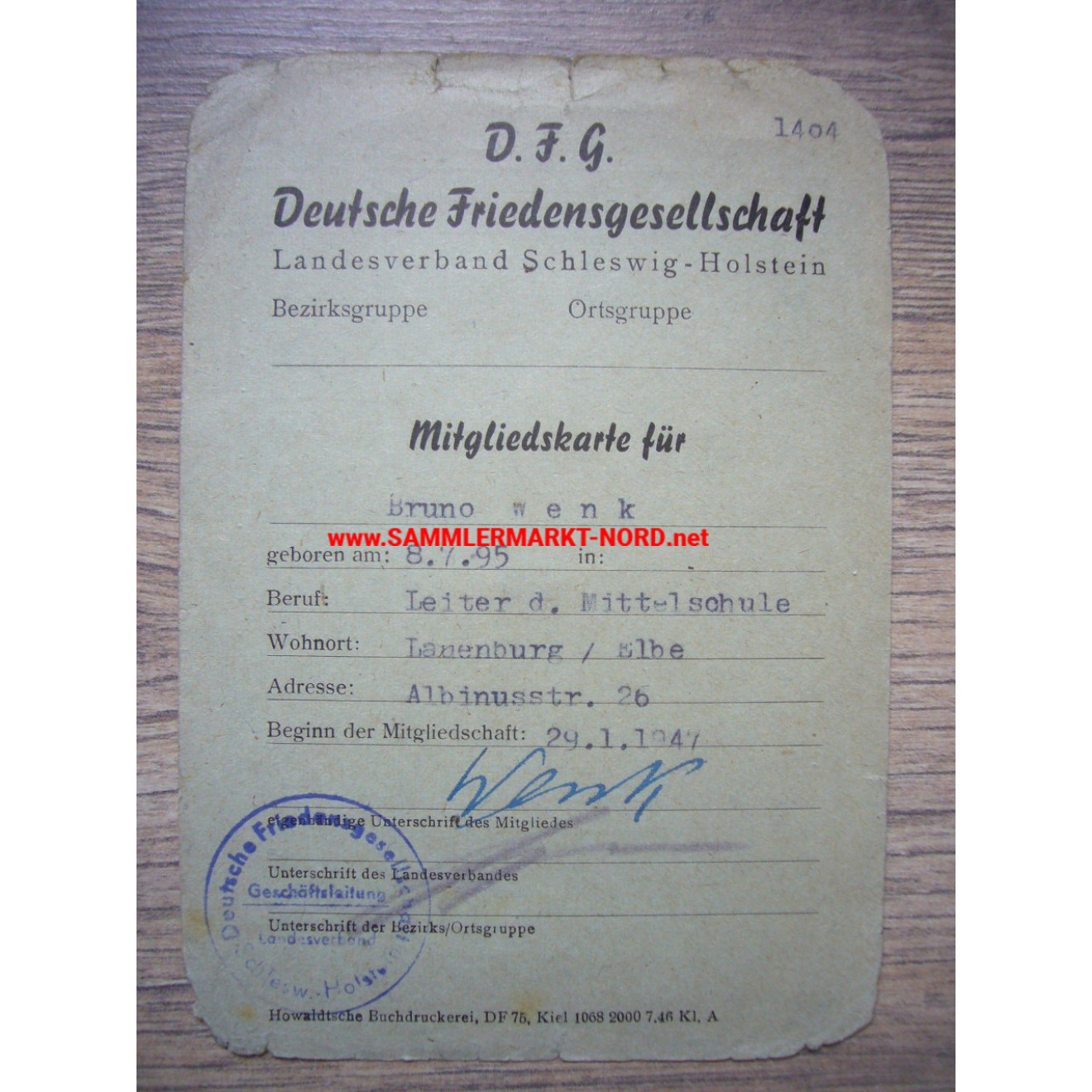 D.F.G. Deutsche Friedensgesellschaft - Mitgliedskarte