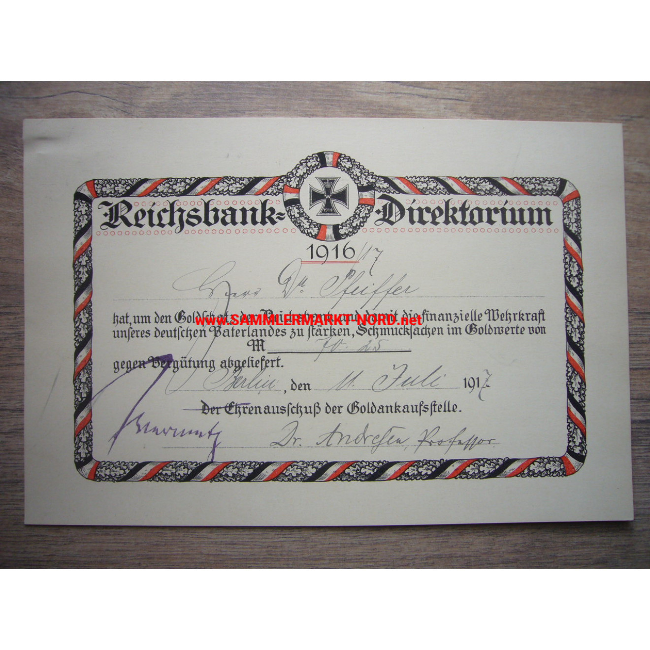 Reichsbank Directorate - Donation Certificate for Gold Values - 1917