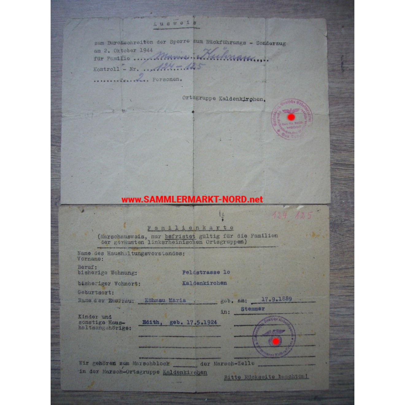 NSDAP Ortsgruppe Kaldenkirchen 1944 - Ausweis für Rückführungs-Sonderzug usw.