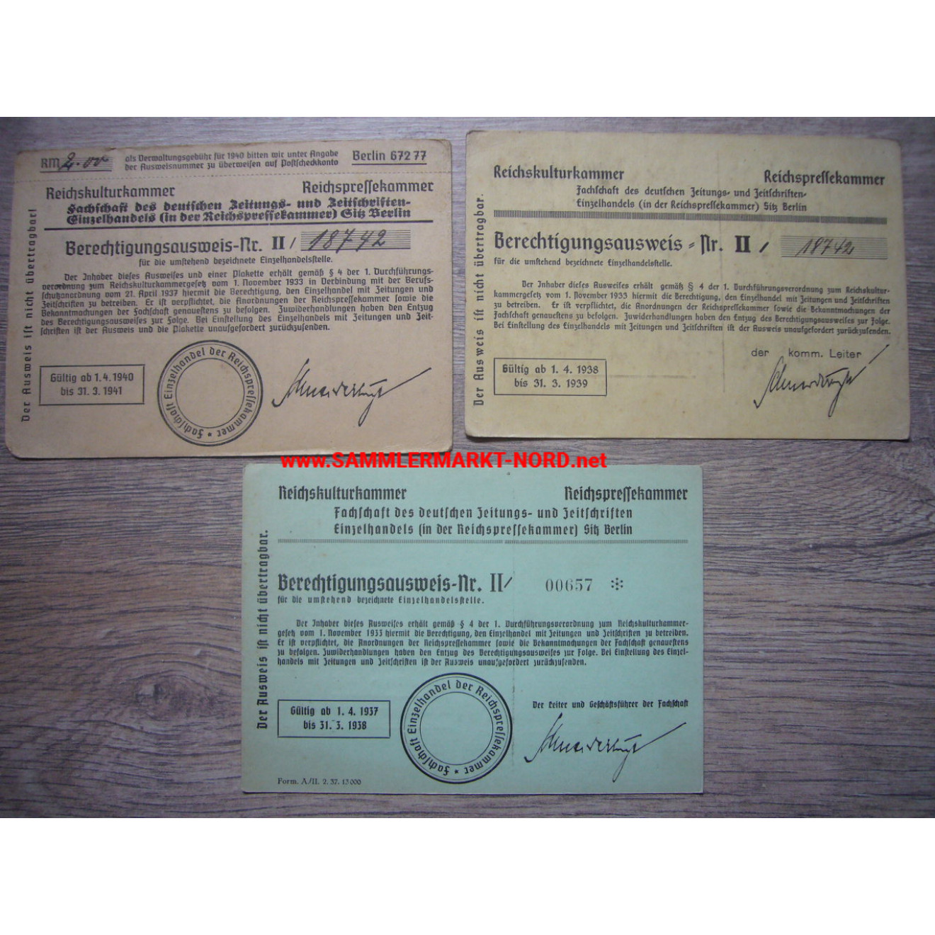 3 x Reichskulturkammer - Berechtigungsausweis für Einzelhandelsstelle