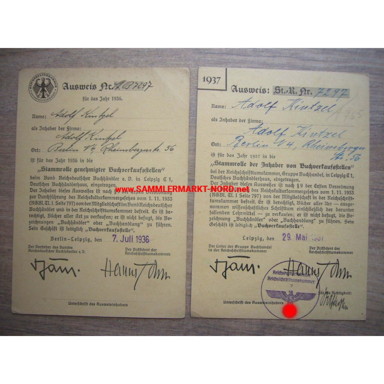 2 x Ausweis Reichskulturkammer 1936/37 - Stammrolle genehmigter Buchverkaufstellen