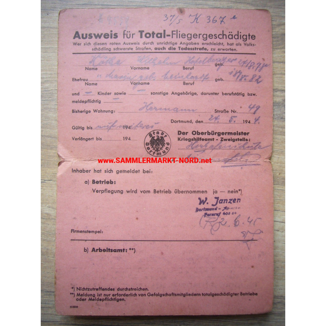 Identity card for total air raid casualties - Dortmund 1944