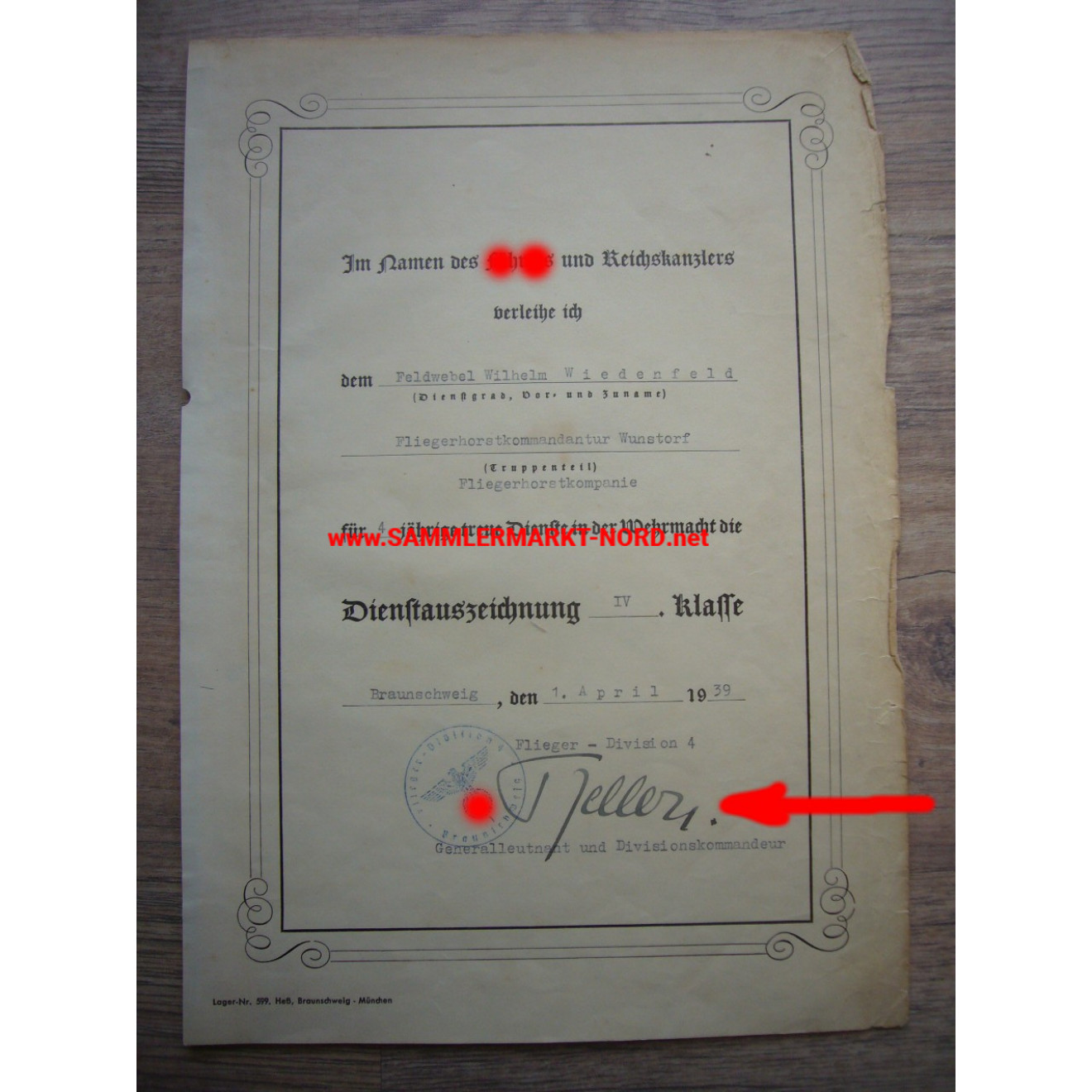 Luftwaffe - Urkunde Dienstauszeichnung 4. Klasse - Generalleutnant ALFRED KELLER - Autograph