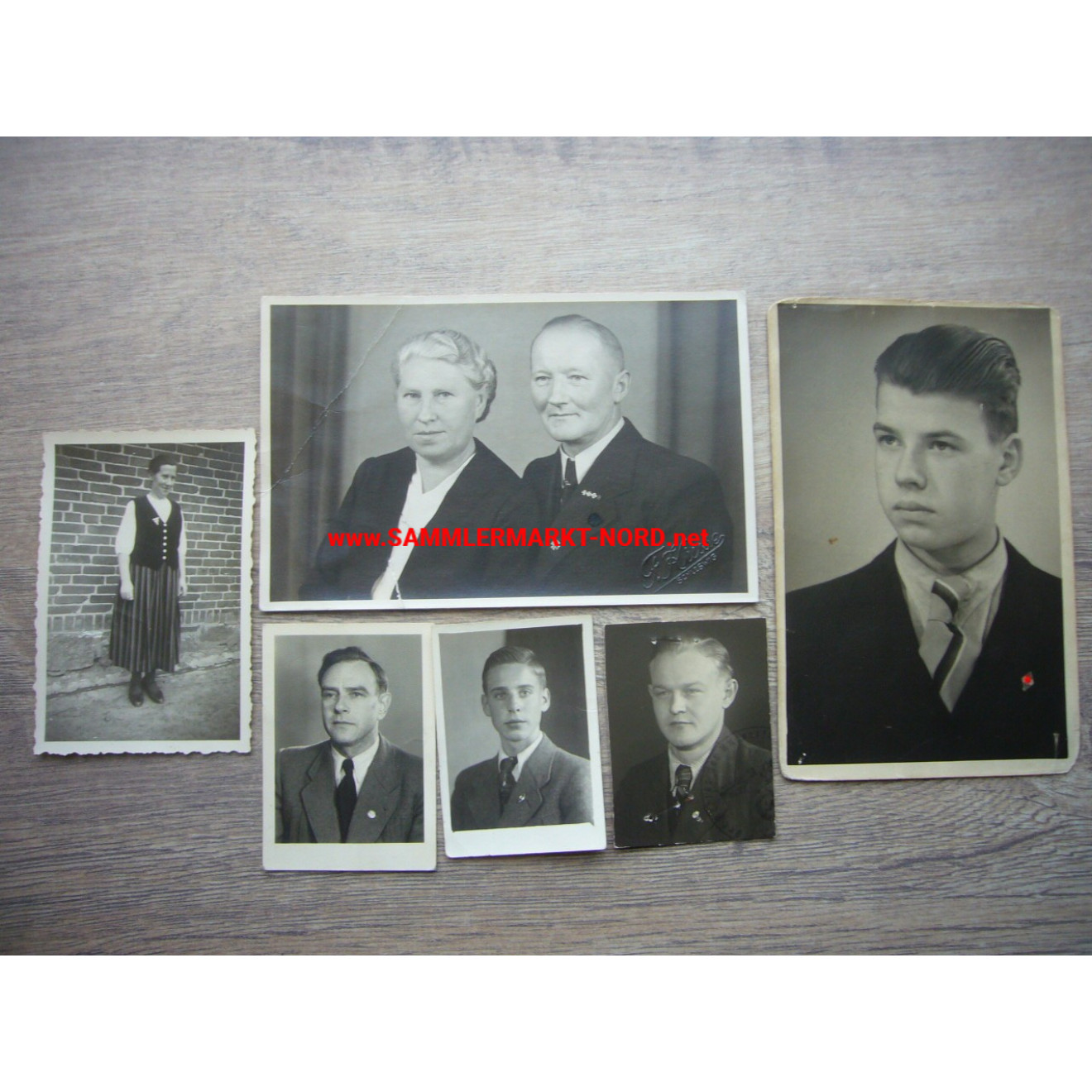6 x portrait photo of persons with various membership badges (HJ, ...)