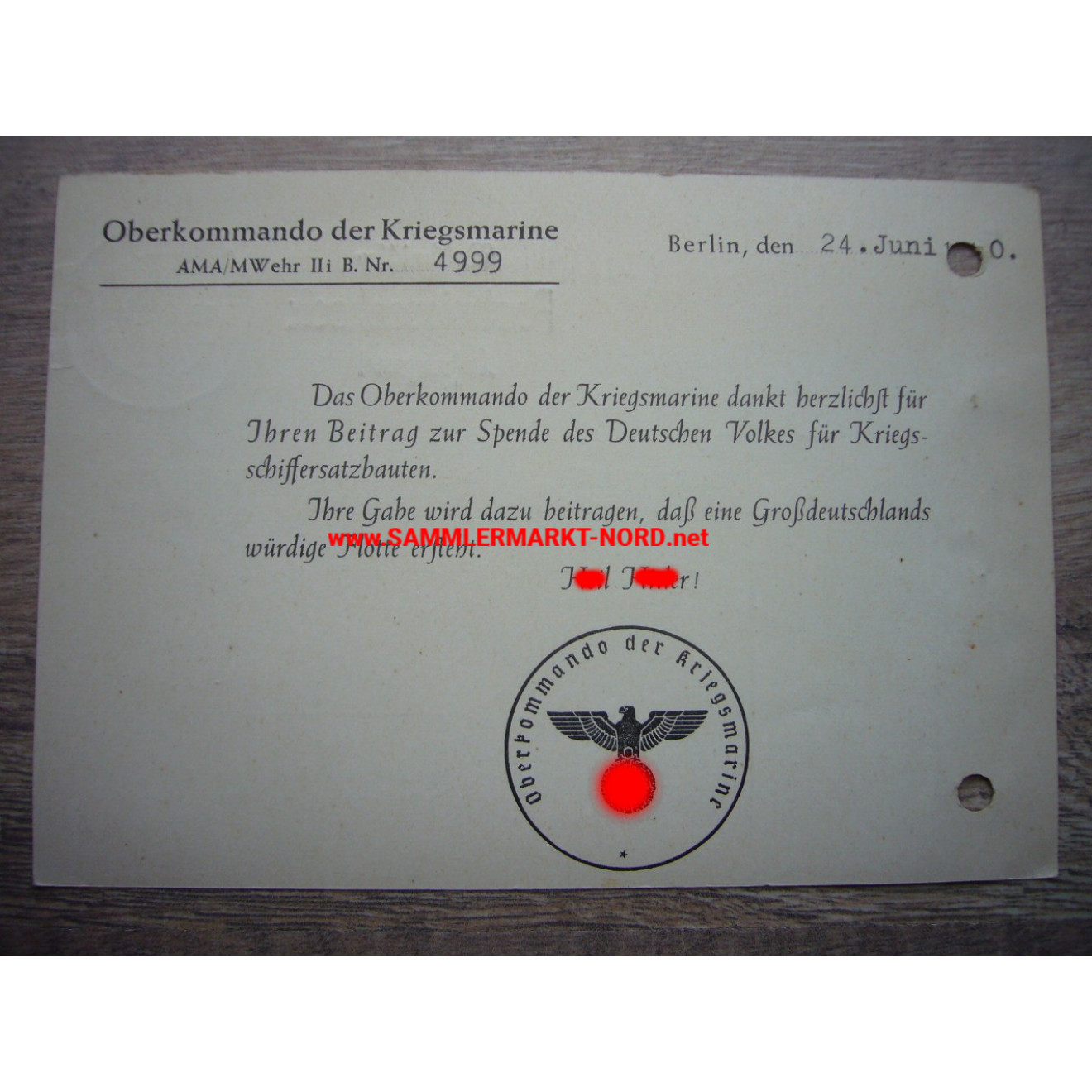High Command of the German Navy - Acknowledgement for Donation for Warship Replacement Structures