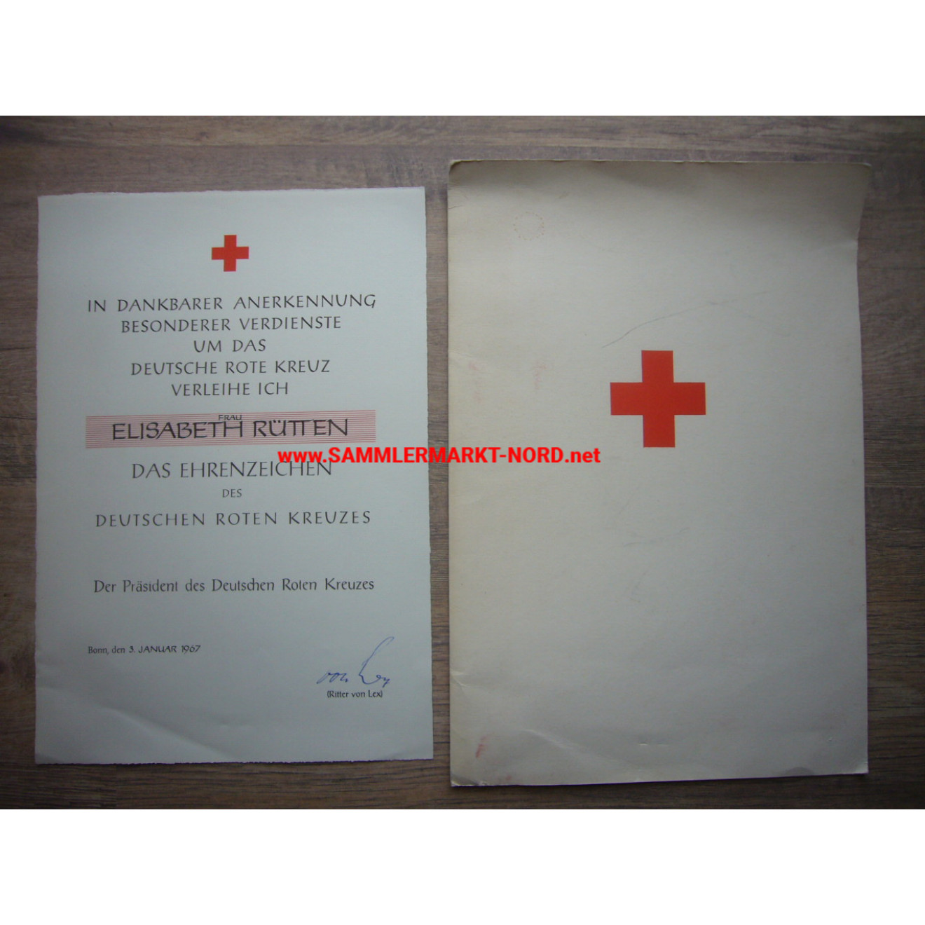 DRK Rotes Kreuz - Urkunde zum Ehrenzeichen - Hans Ritter von Lex - Autograph