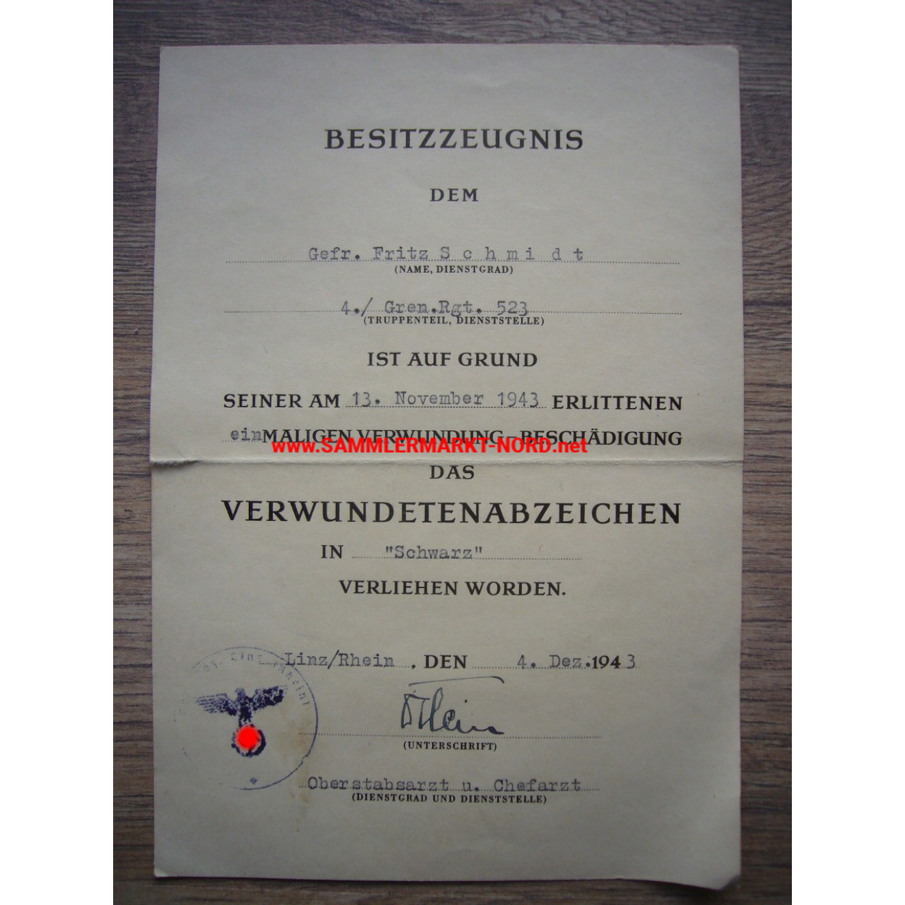 Urkunde Verwundetenabzeichen - 4./ Grenadier Regiment 523 - 1943