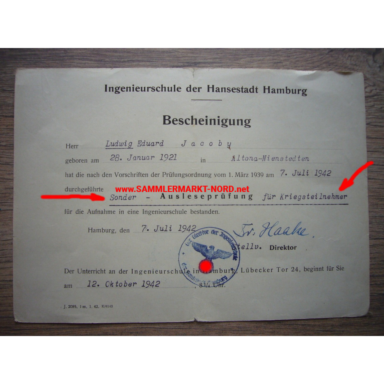 Ingenieurschule Hamburg - Sonder-Ausleseprüfung für Kriegsteilnehmer 1942