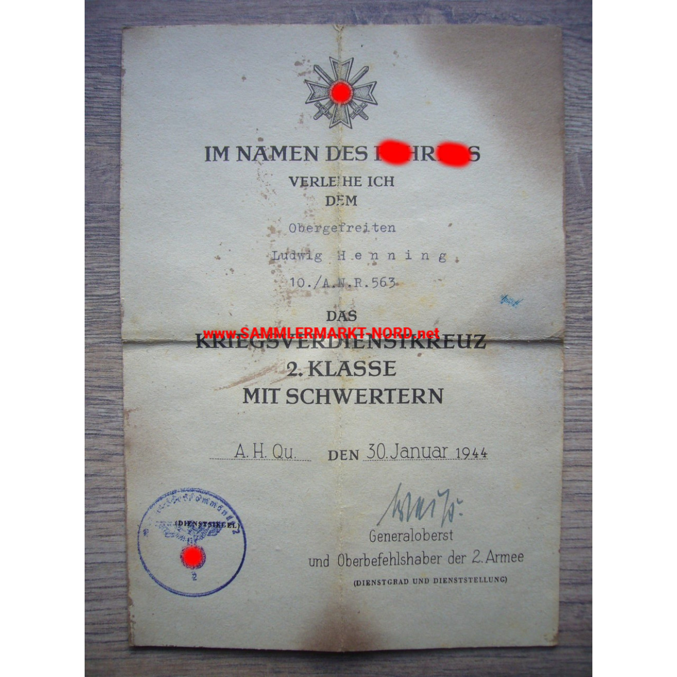 KVK Certificate - 2nd Army - Generaloberst WALTER WEIß - Autograph